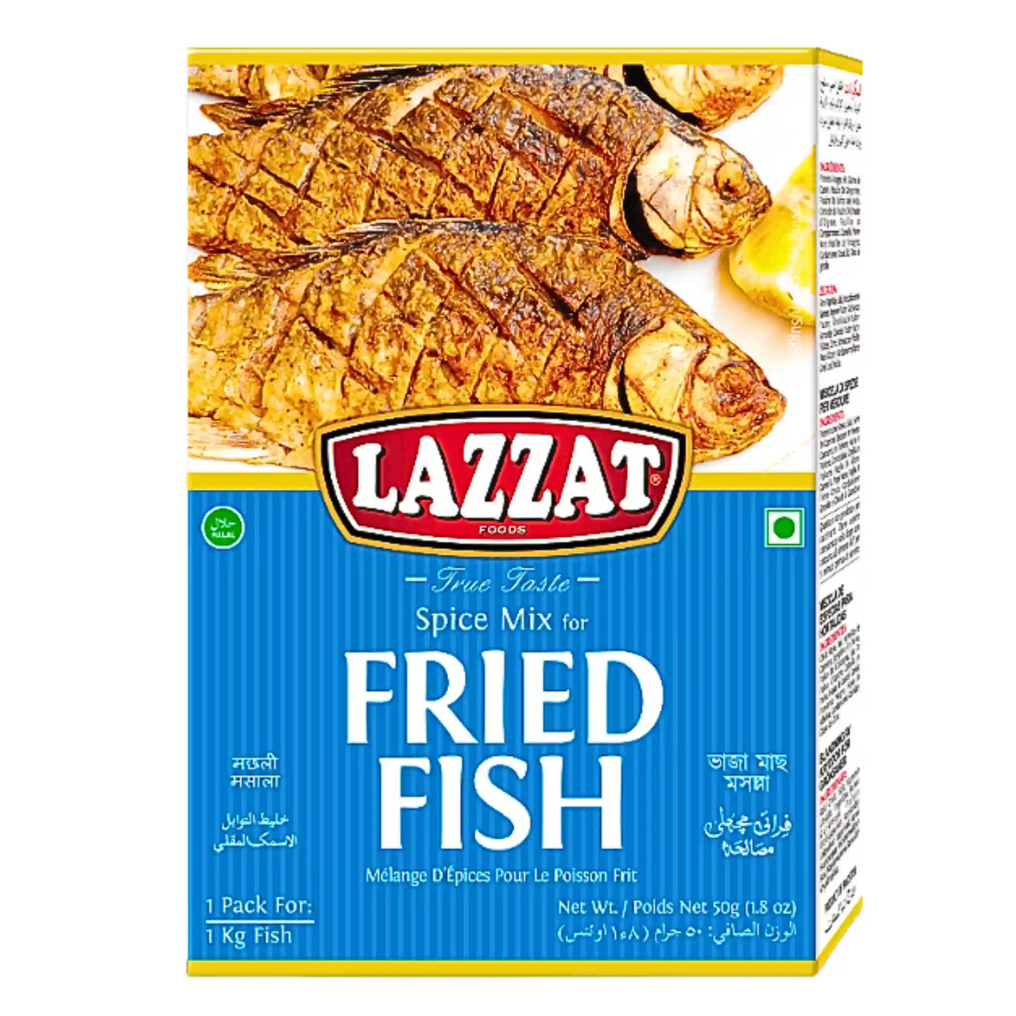 Kryddmix för stekt fisk, Lazzat förpackning med bild på stekta fiskar och citronklyftor