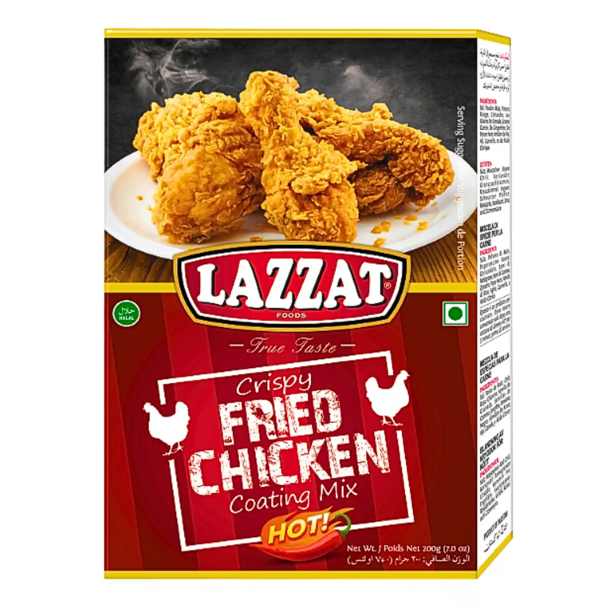 Lazzat friterad kyckling paneringsmix stark 200g med bild på krispig kyckling på tallrik