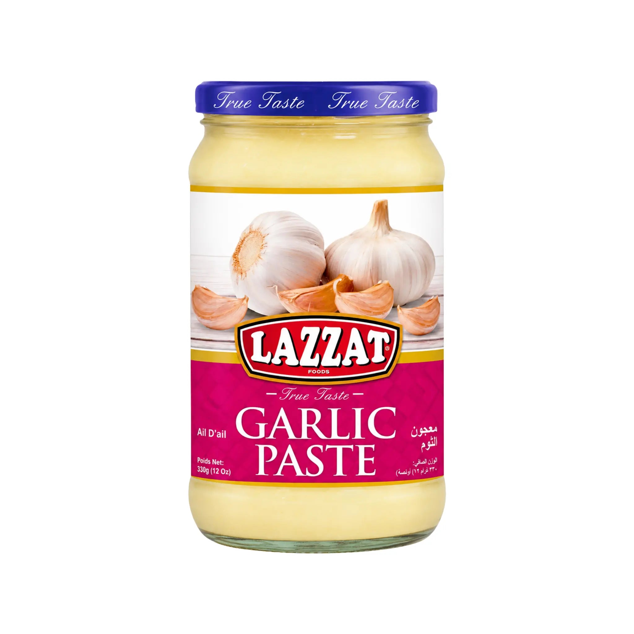 Lazzat vitlökspasta i glasburk med etikett och lock