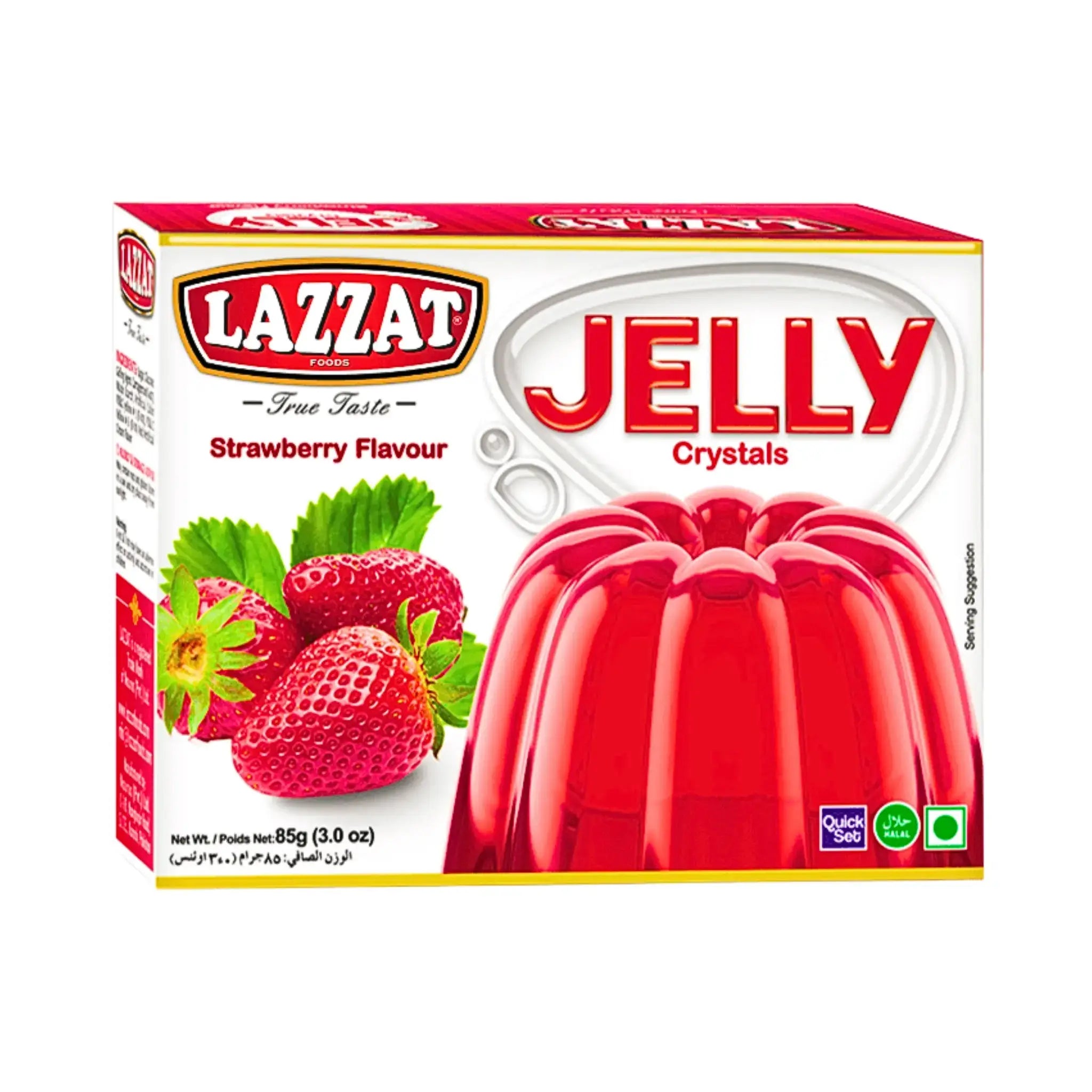 Lazzat jordgubbssmak gelé 85g, röd gelé och jordgubbar på vit förpackning