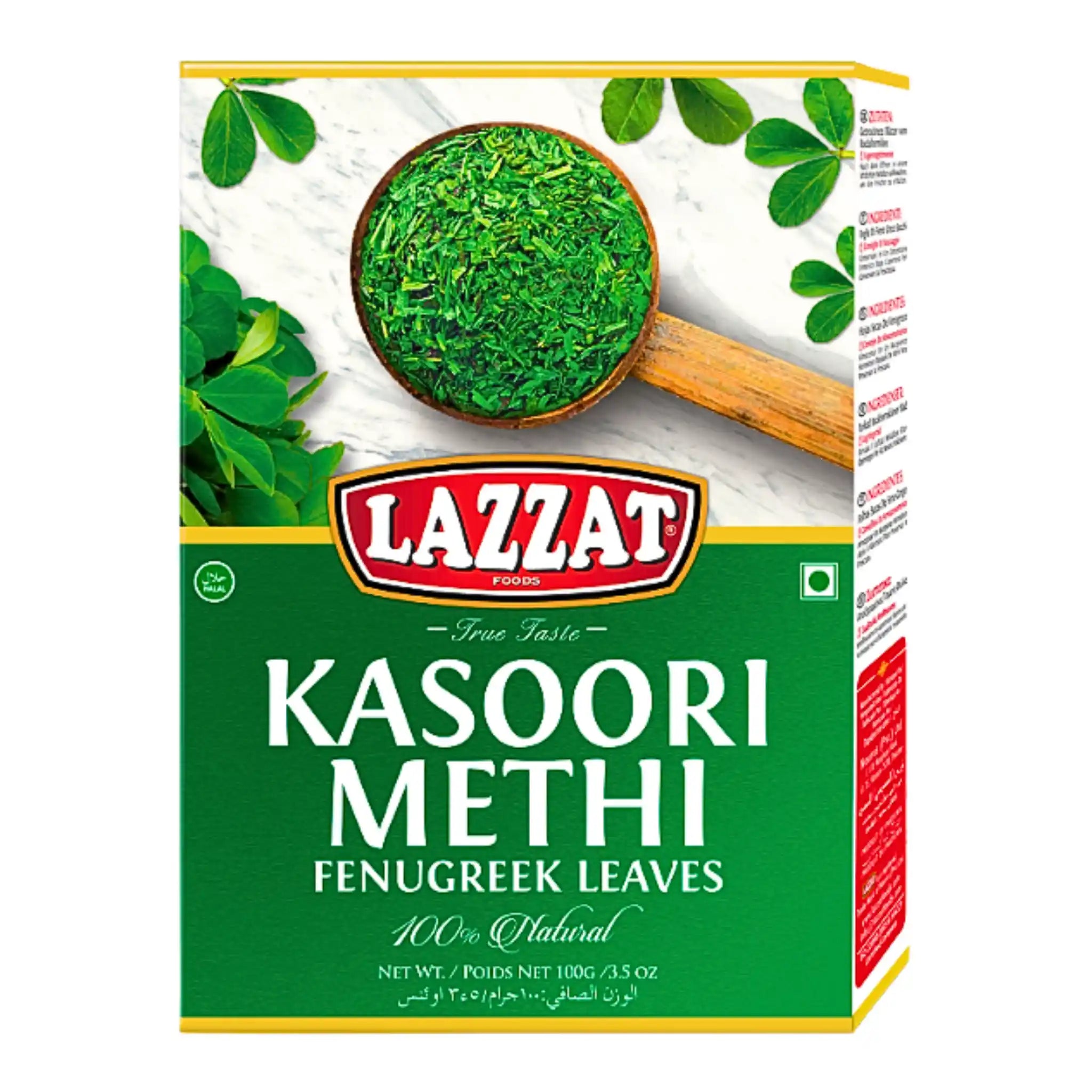 Lazzat Kasoori Methi 100g, förpackning med torkade bockhornsklöverblad