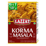 Lazzat Korma Masala kryddmix 100g för indisk korma, bild på kryddad kyckling på förpackning.