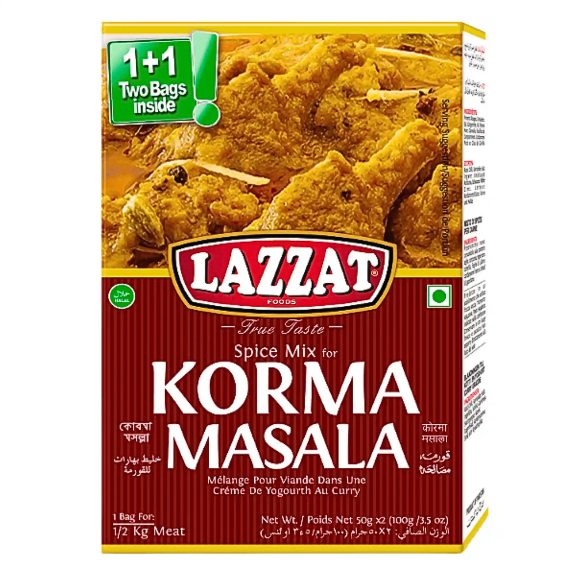 Lazzat Korma Masala kryddmix 100g för indisk korma, bild på kryddad kyckling på förpackning.