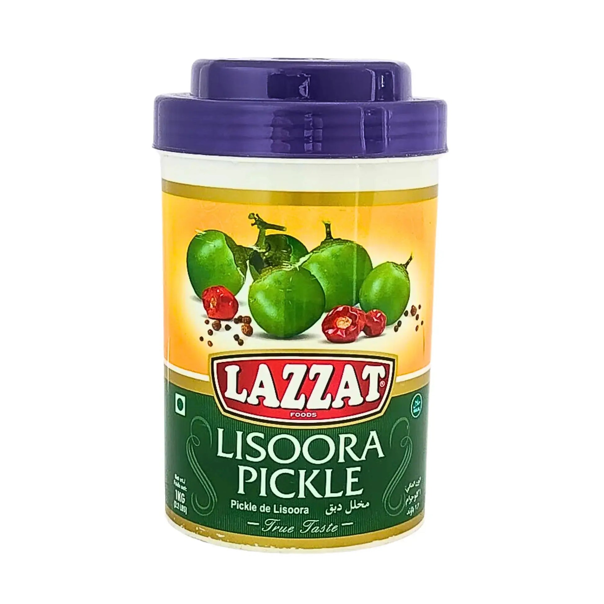 Lazoora pickle 1kg burk med gröna frukter och röda chili på etiketten, orientaliska smaker.
