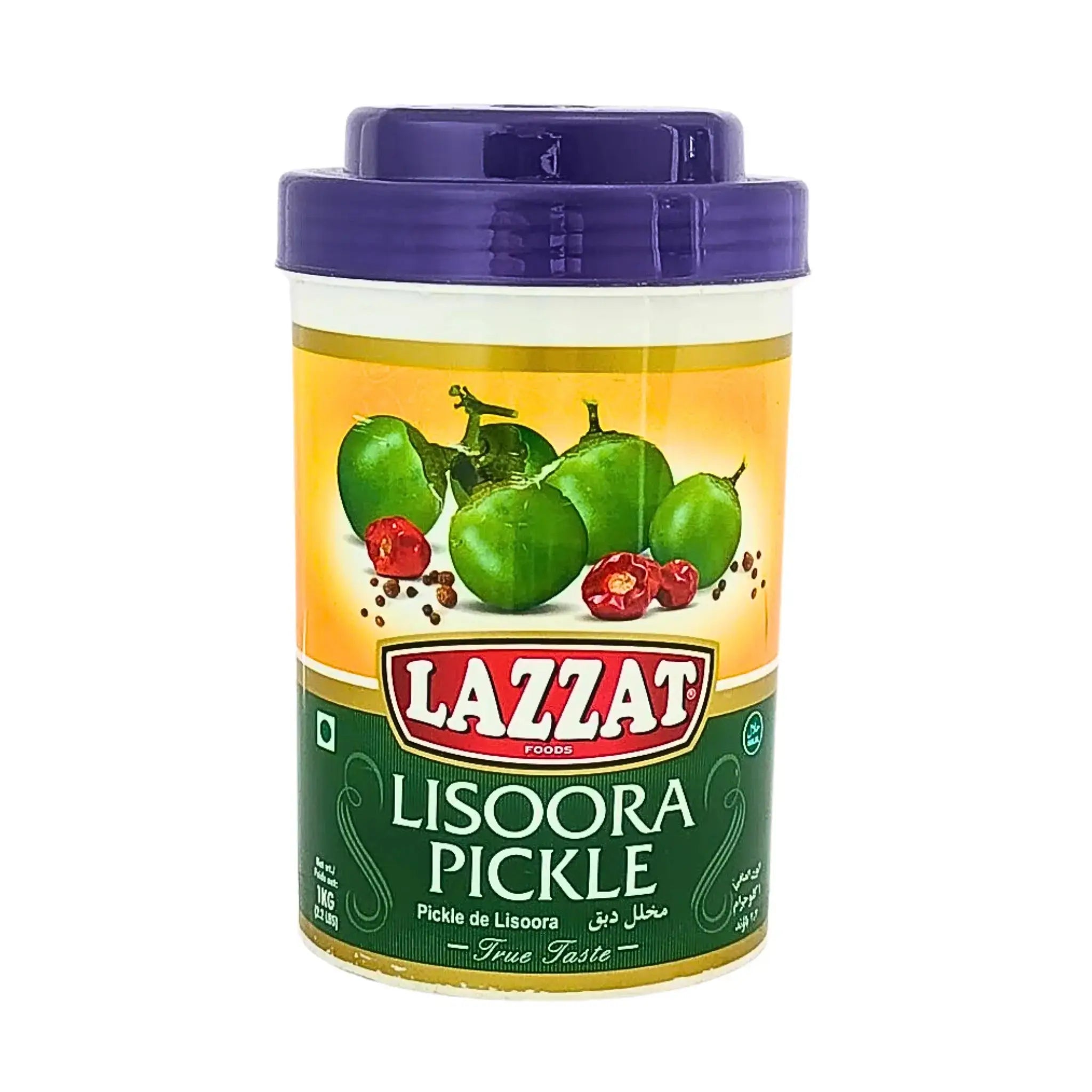 Lazoora pickle 1kg burk med gröna frukter och röda chili på etiketten, orientaliska smaker.