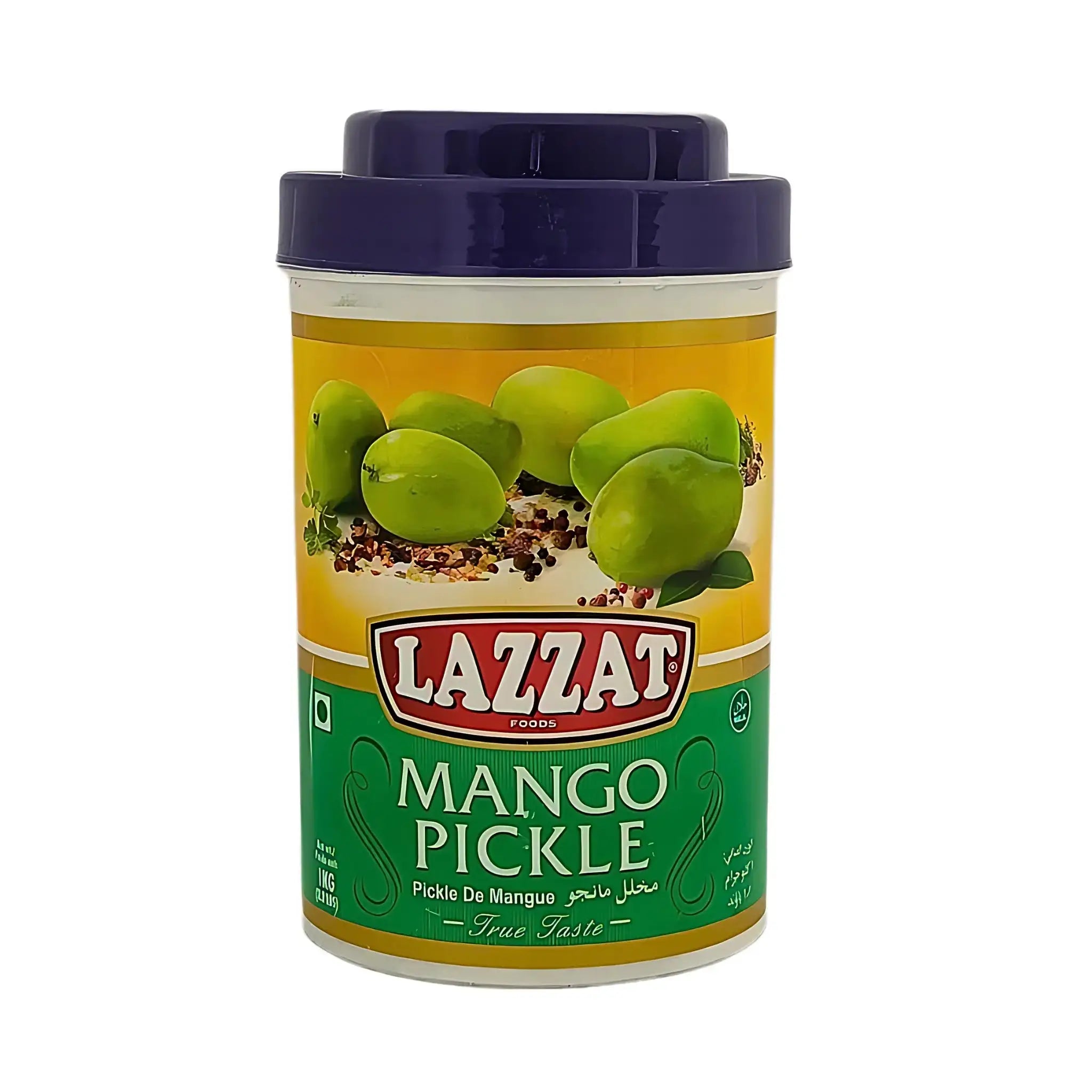 Lazzat Mango Pickle i olja 1 kg burk med gröna mangos och kryddor, orientalisk inläggning