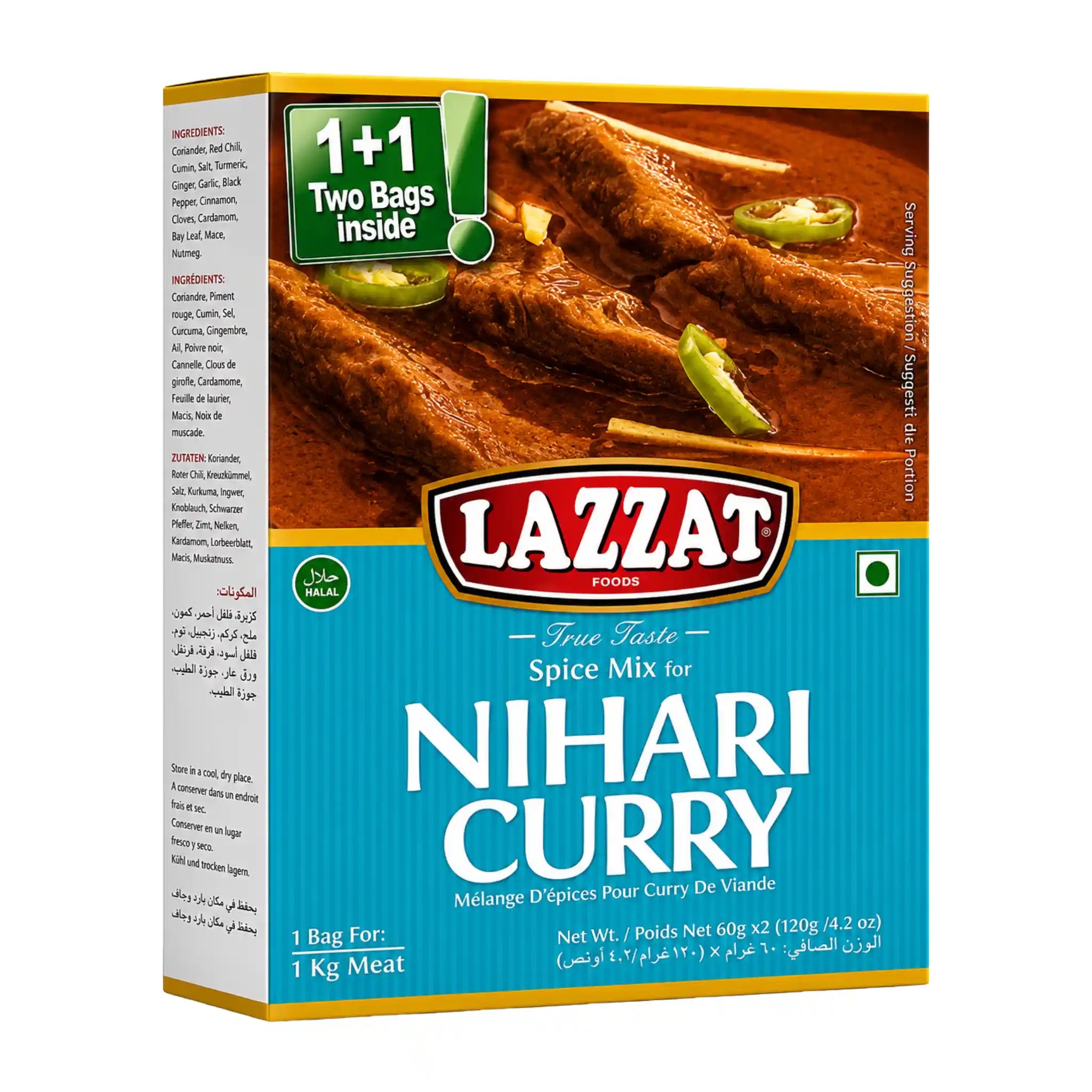Lazzat Nihari curry kryddmix, förpackning med blå design och ingrediensinfo