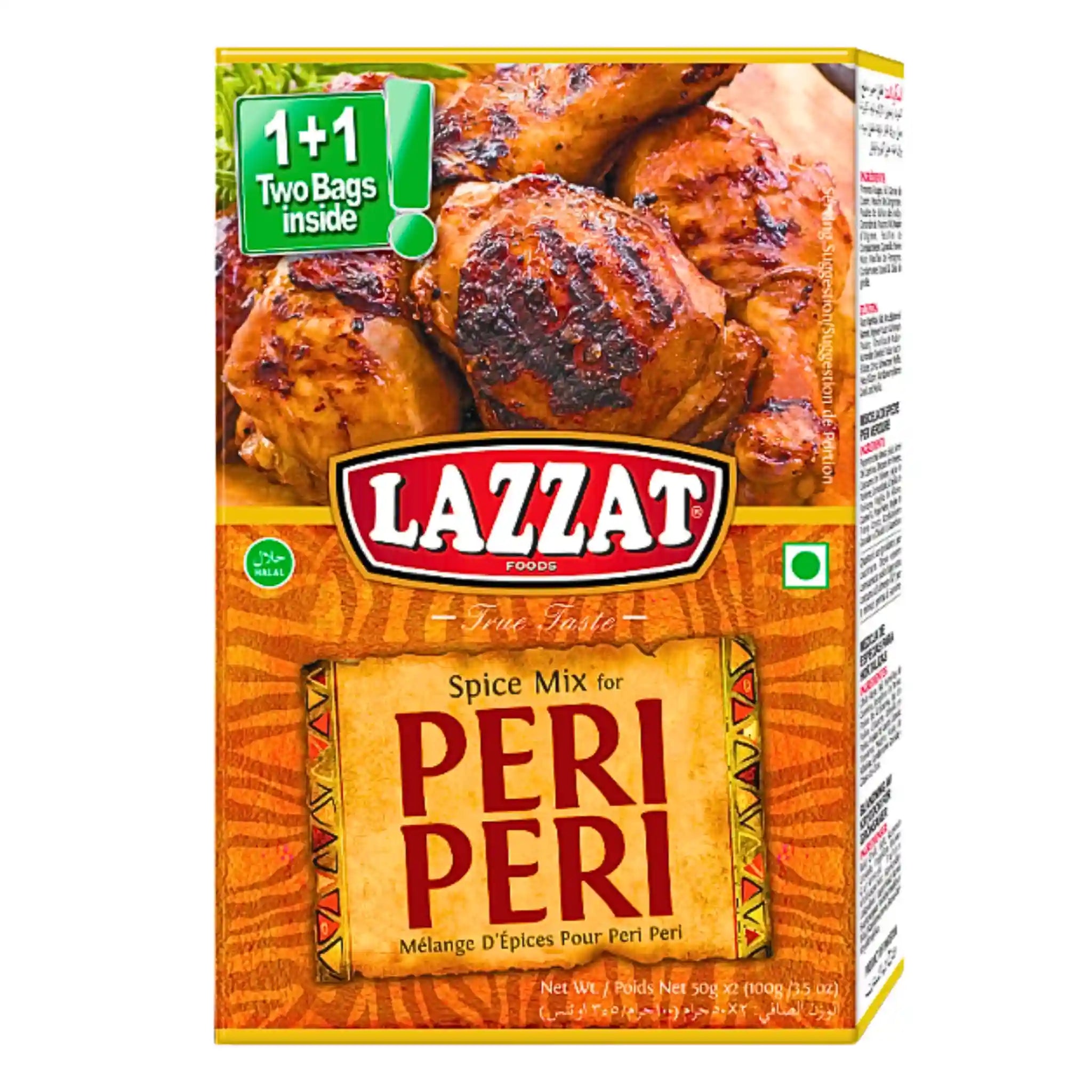 Lazzat Peri Peri kryddblandning 100g, färgglad förpackning med grillad kyckling på framsidan.