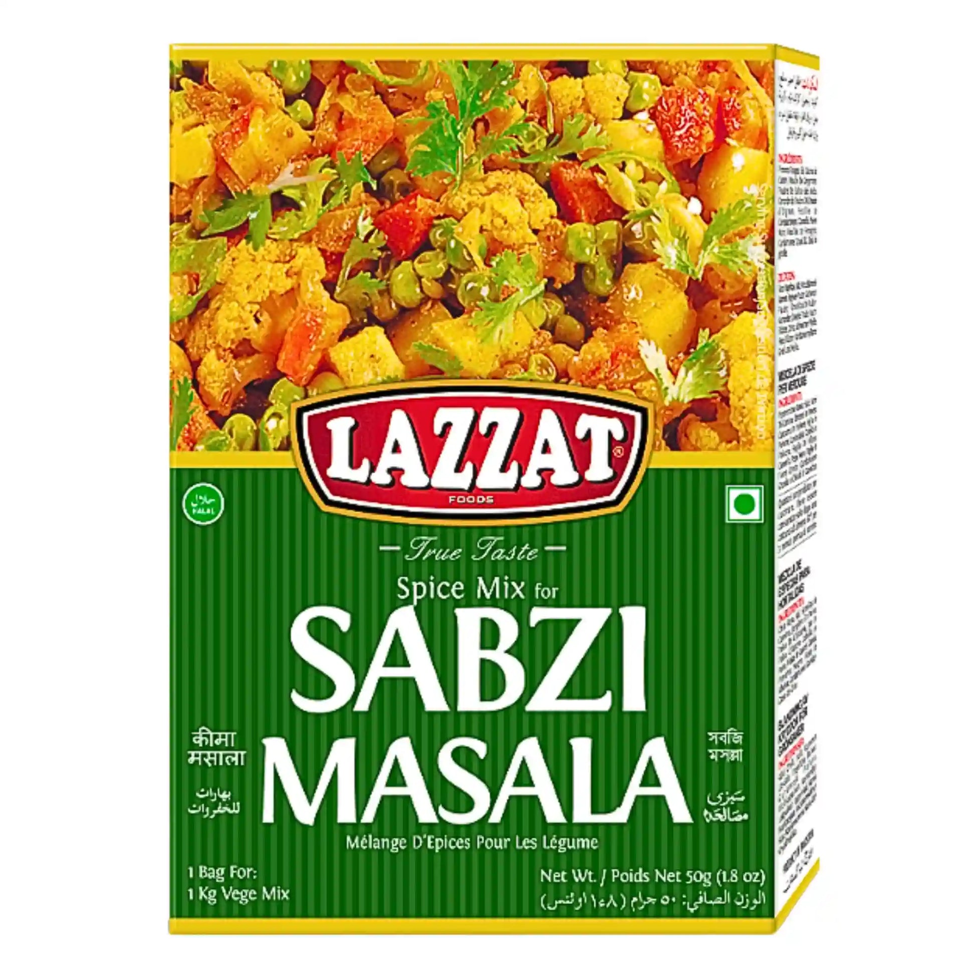 Lazzat Sabzi Masala kryddmix 100g, för grönsaksrätter, förpackning med grön bakgrund