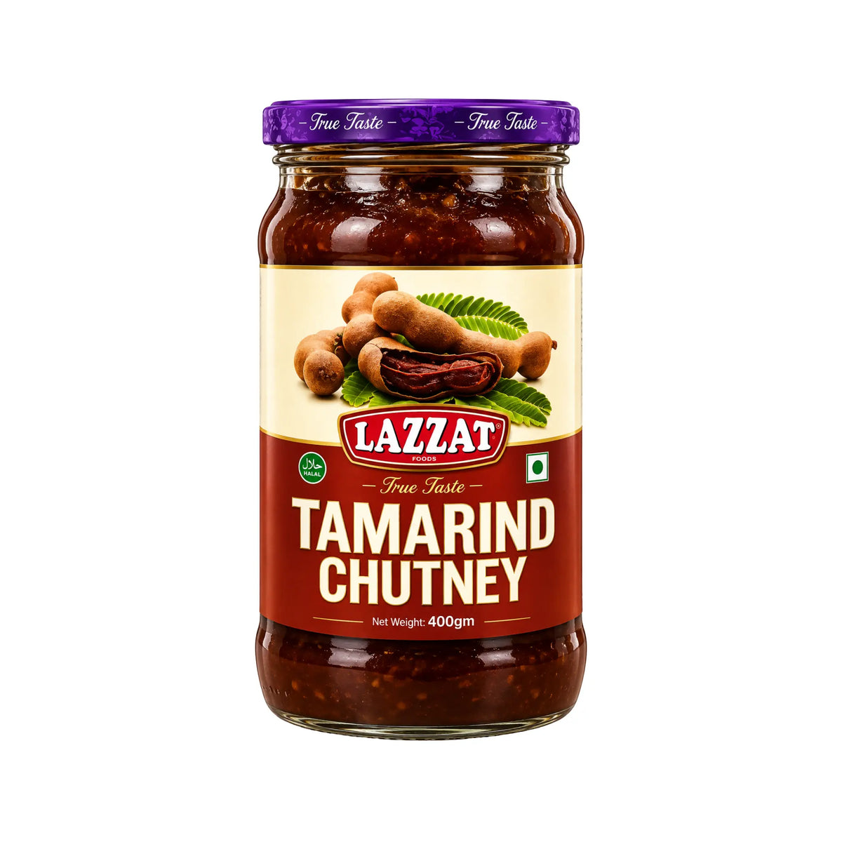 Lazzat tamarindchutney 400 g i glasburk med brun chutney och lila lock