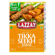 Lazzat Tikka Seekh Kebab kryddmix 100g för grillat kött, förpackning med kebabbild