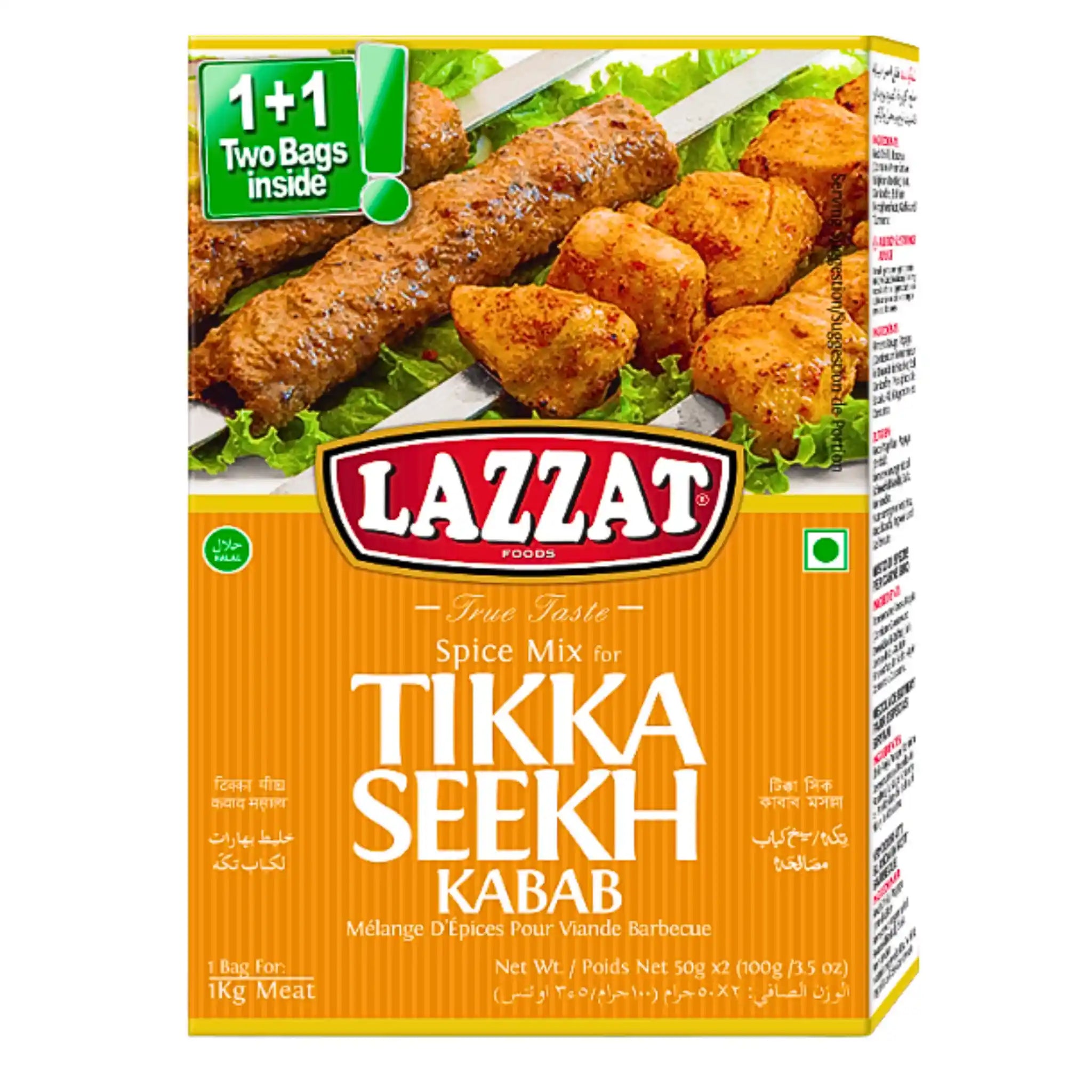 Lazzat Tikka Seekh Kebab kryddmix 100g för grillat kött, förpackning med kebabbild