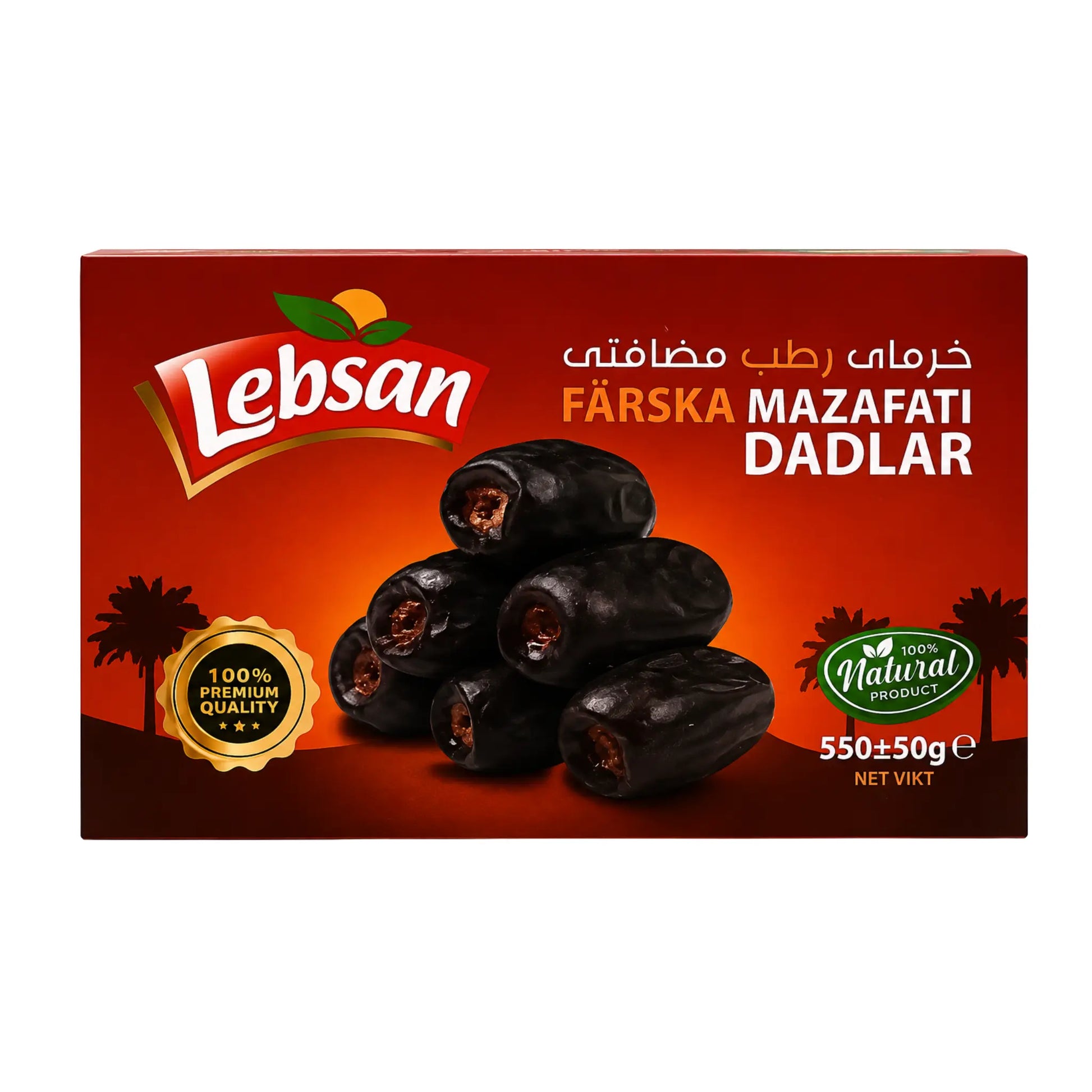 Lebsan färska dadlar i kartong, 550 g, mörka dadlar på framsidan