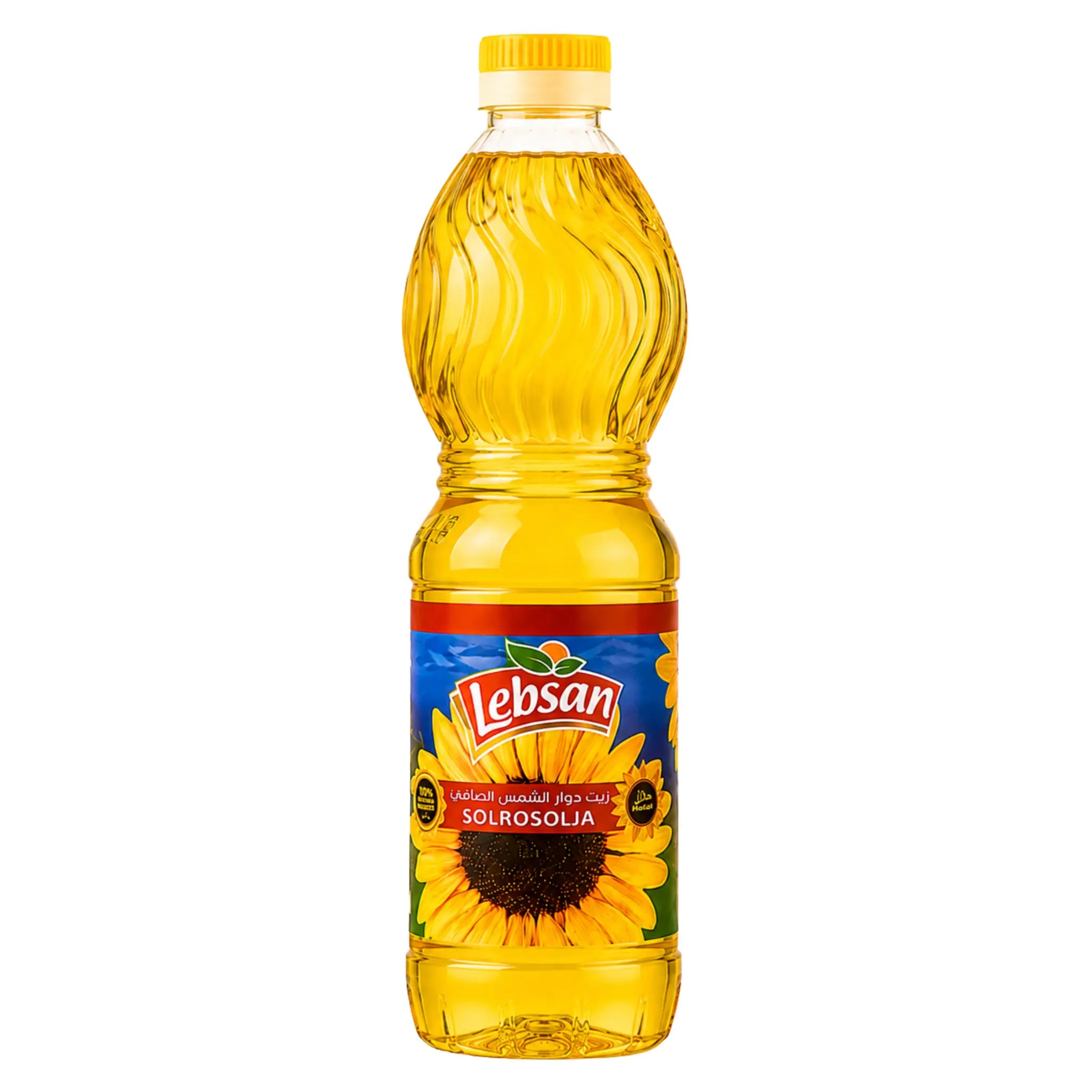 Solrosolja i plastflaska, gul vätska, gul kork, etikett med Lebsan