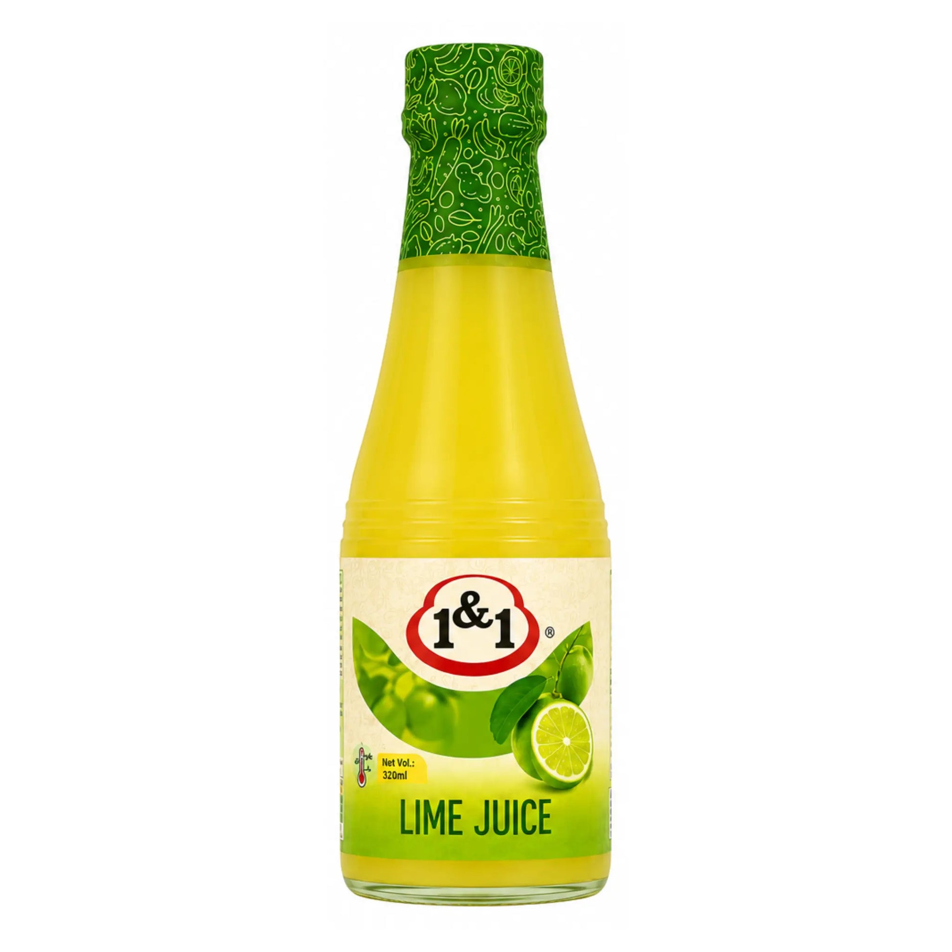 Flaska limejuice 320 ml med 1&1-märkning och limefrukter på etiketten