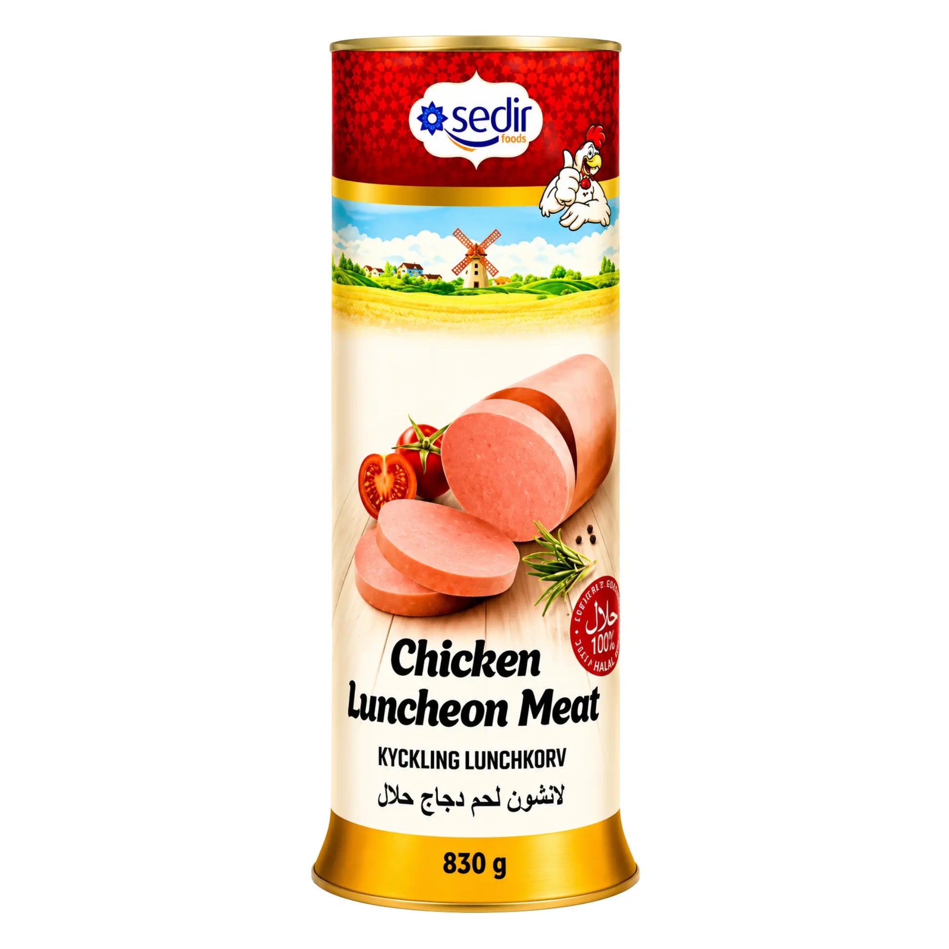 Kycklinglunchkött pålägg i metallburk, Sedir, etikett med 830 g