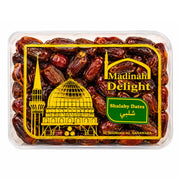 Dadlar i förpackning med etikett Madinah Delight och Shalaby Dates, 750 g