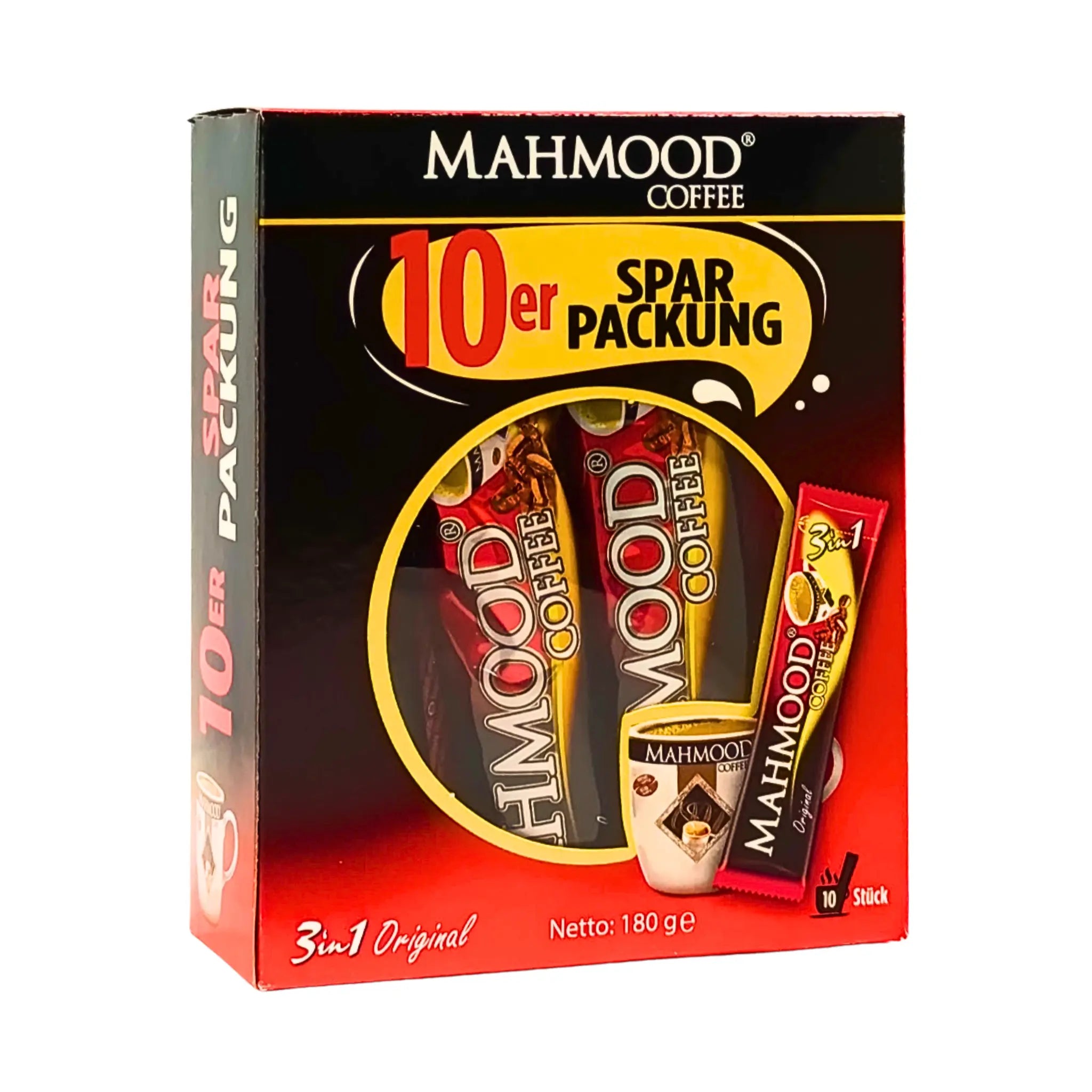 Mahmood Coffee 3-i-1 snabbkaffe, 10-pack med mjölk och socker, kartong.
