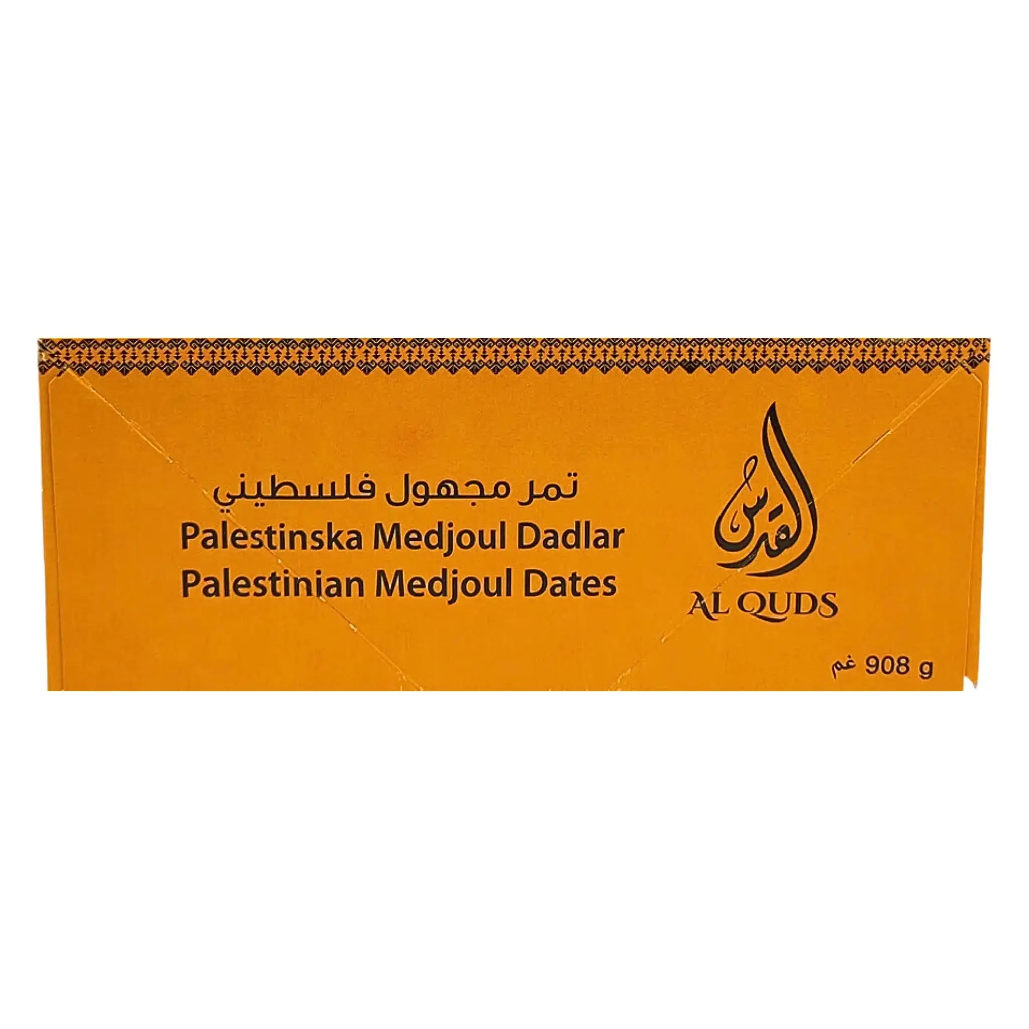 Gul förpackning med texten Palestinska Medjoul dadlar, Al Quds, 908g på framsidan.