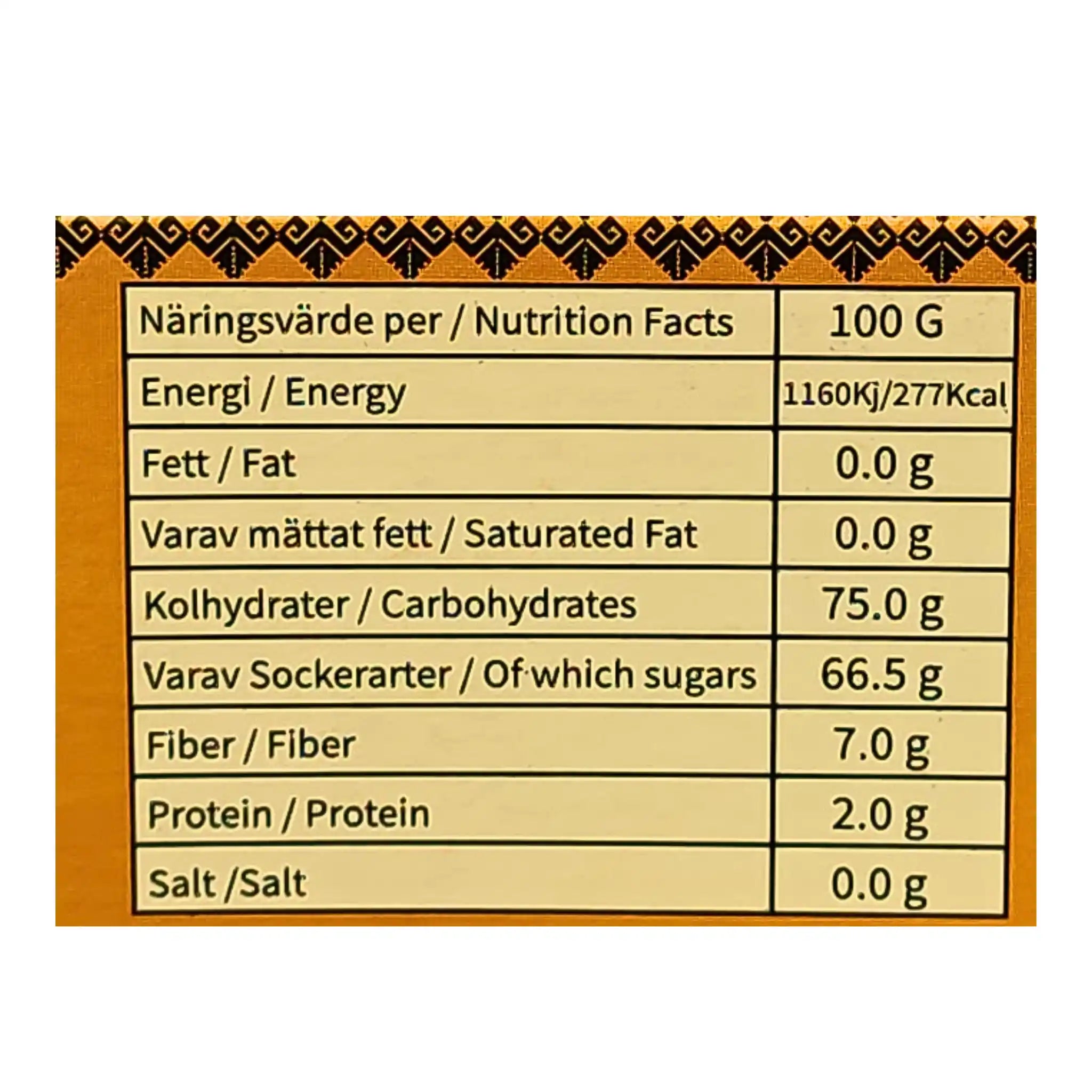 Näringsvärde för orientaliska dadlar, visar energi, kolhydrater, sockerarter och fiber per 100 g.