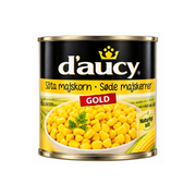 Majskorn i burk, d'aucy Gold med gula majskorn och kronlogga.