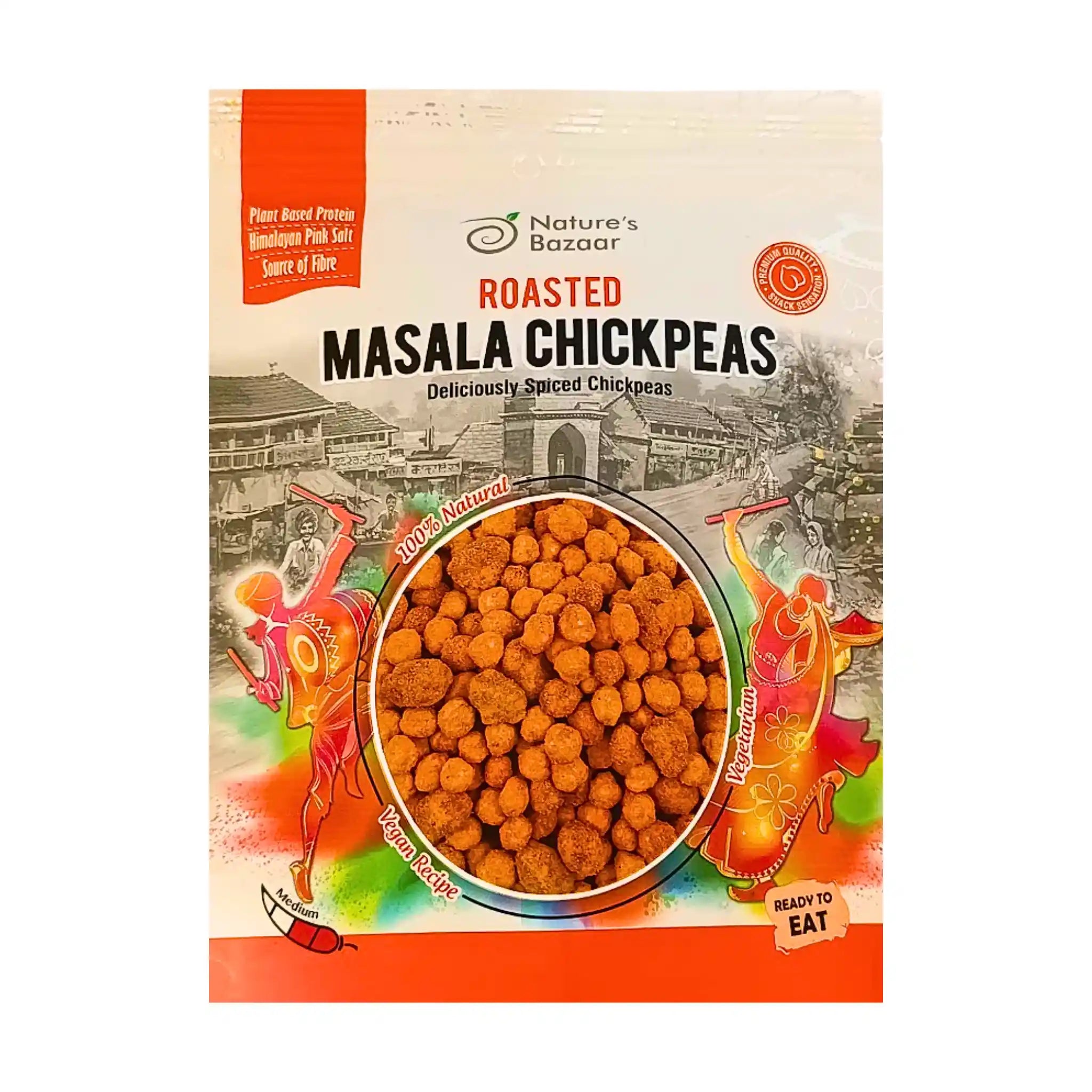 Påse med rostade masala kikärtor, kryddiga kikärtor, vegetariskt och veganskt snacks.