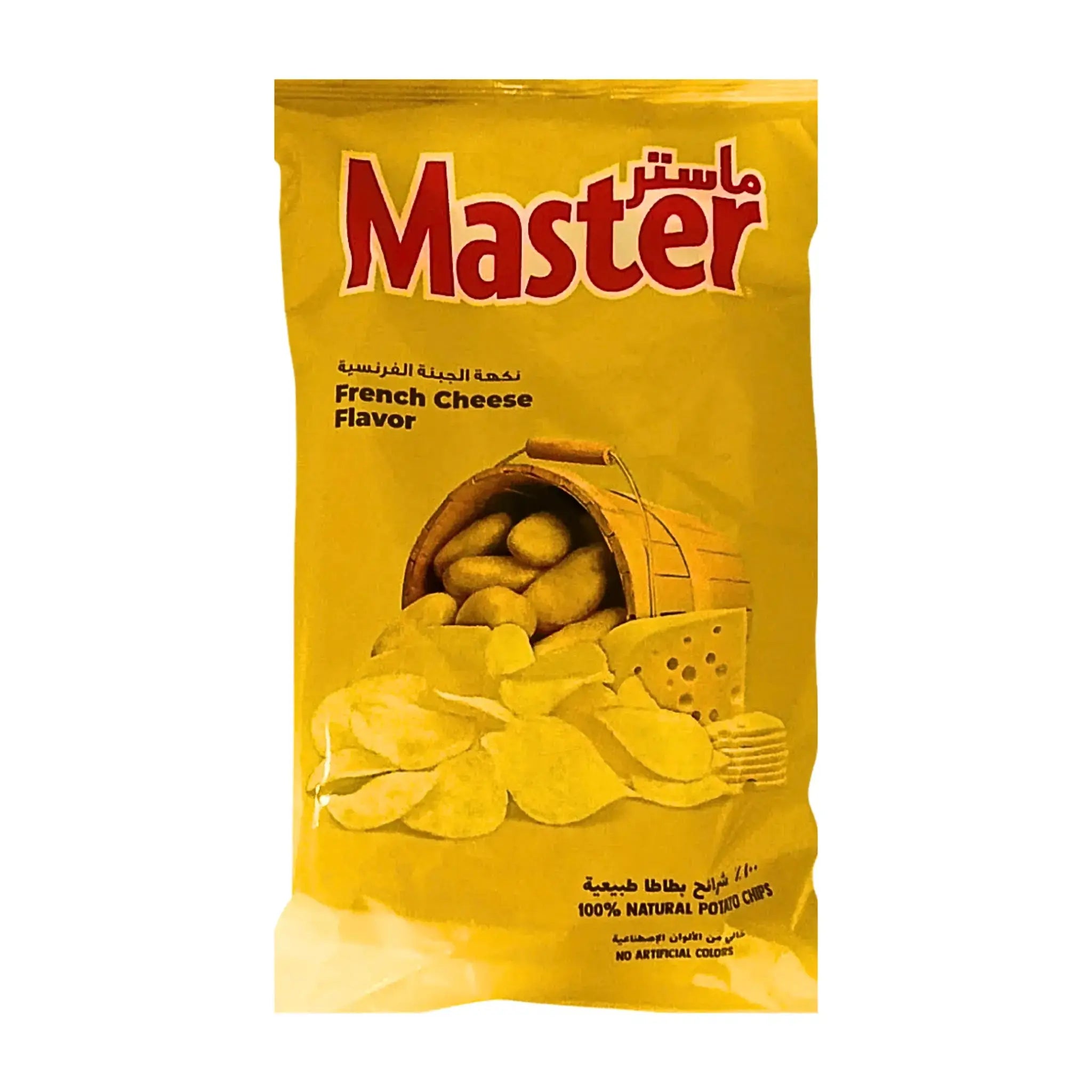 Gul chipspåse med texten French Cheese Flavor, bild på potatischips och ostbit på framsidan.