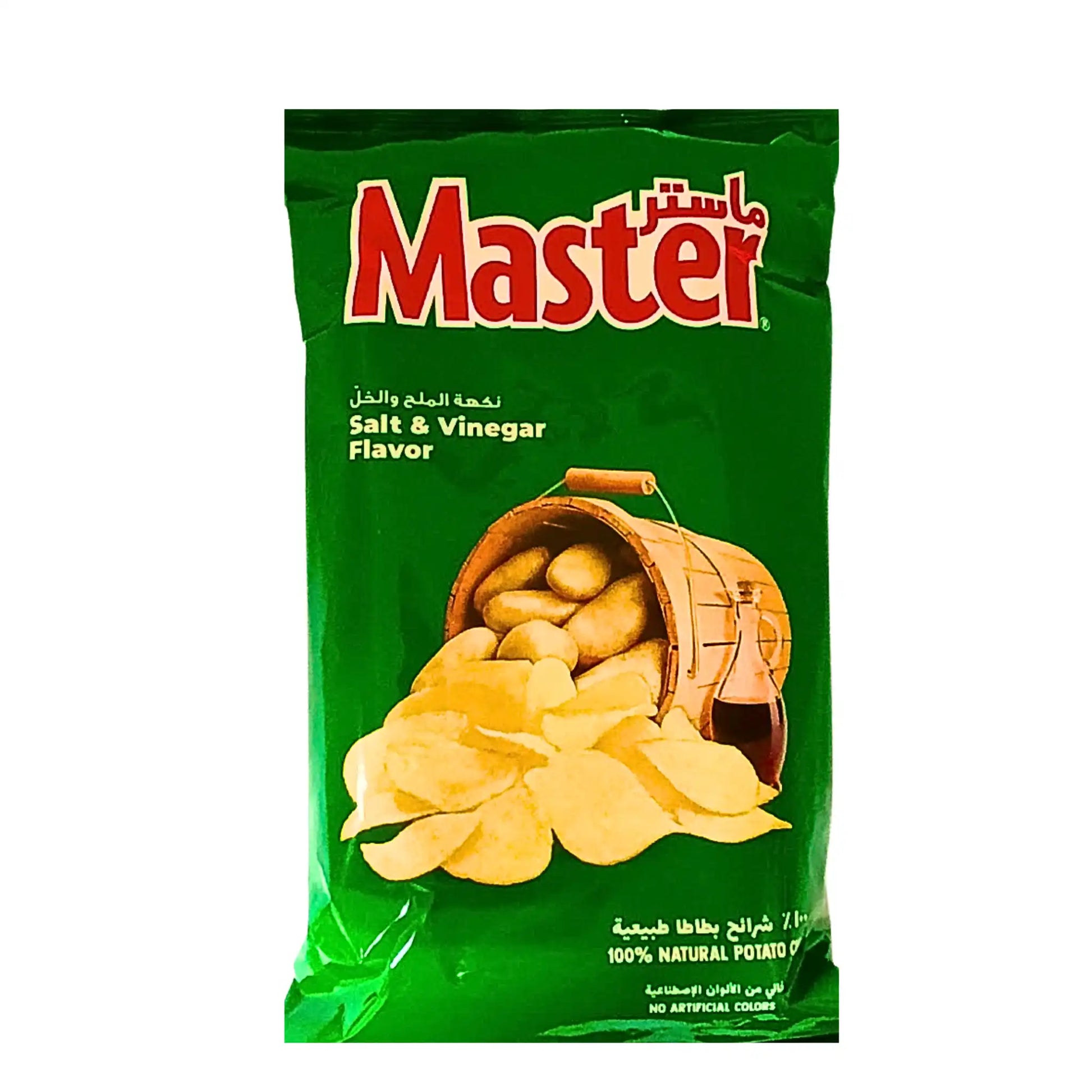 Grön chipspåse med salt och vinäger-potatischips, potatis och vinägerflaska på framsidan.