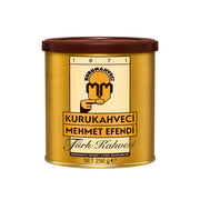 Turkiskt kaffe i gul metallburk med brunt lock, etikett Mehmet Efendi, 250 g.