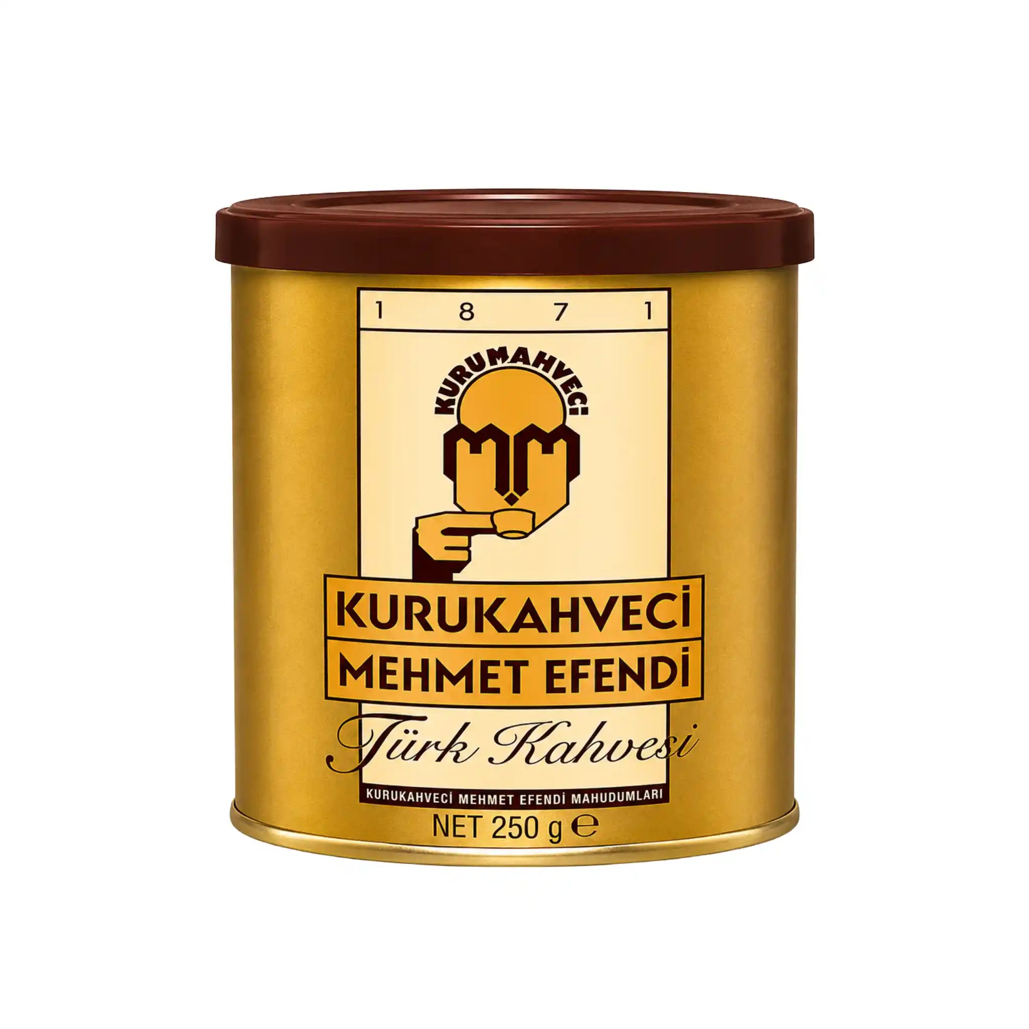 Turkiskt kaffe i gul metallburk med brunt lock, etikett Mehmet Efendi, 250 g.