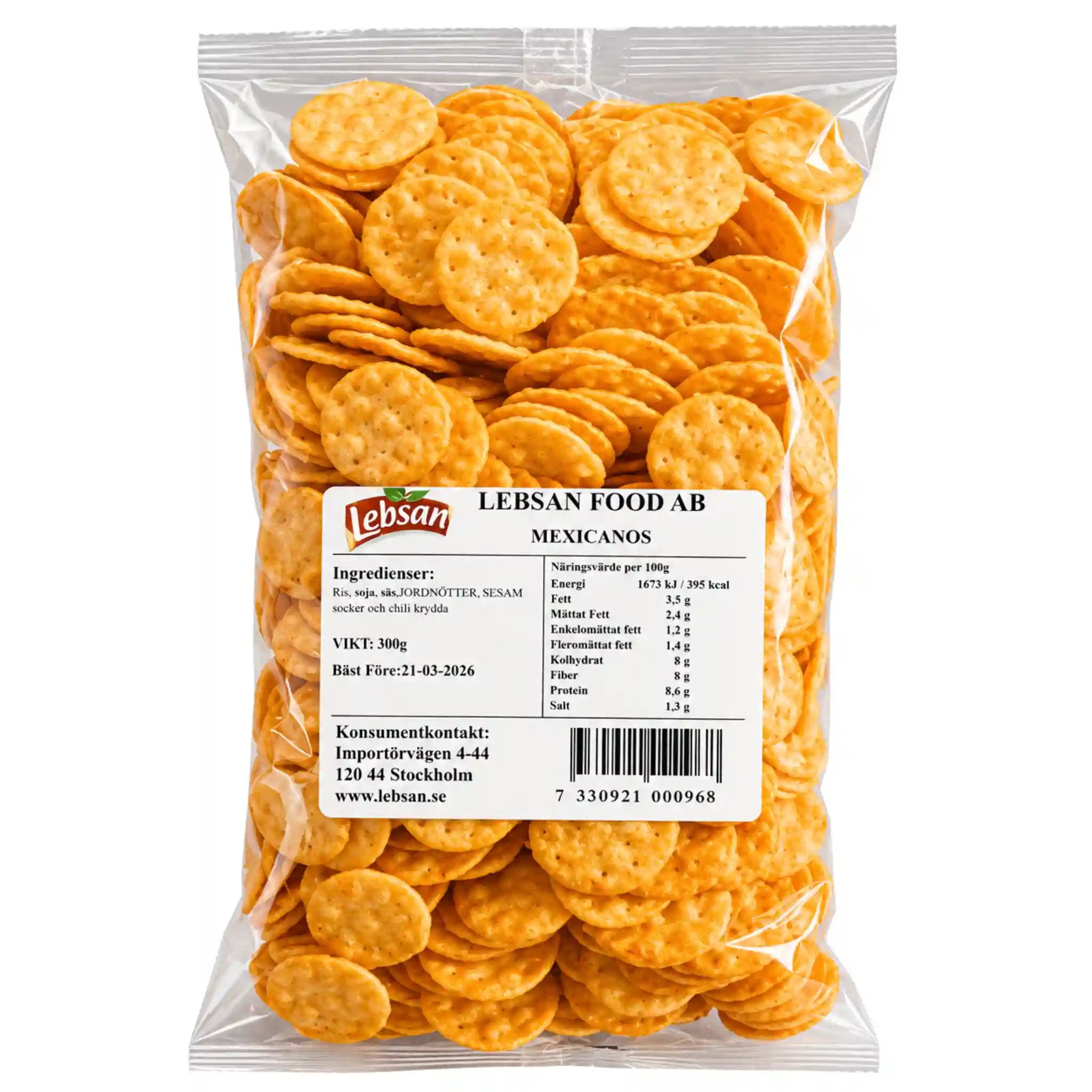 Lebsan mexikanska krispiga snacks i genomskinlig påse med orange chips