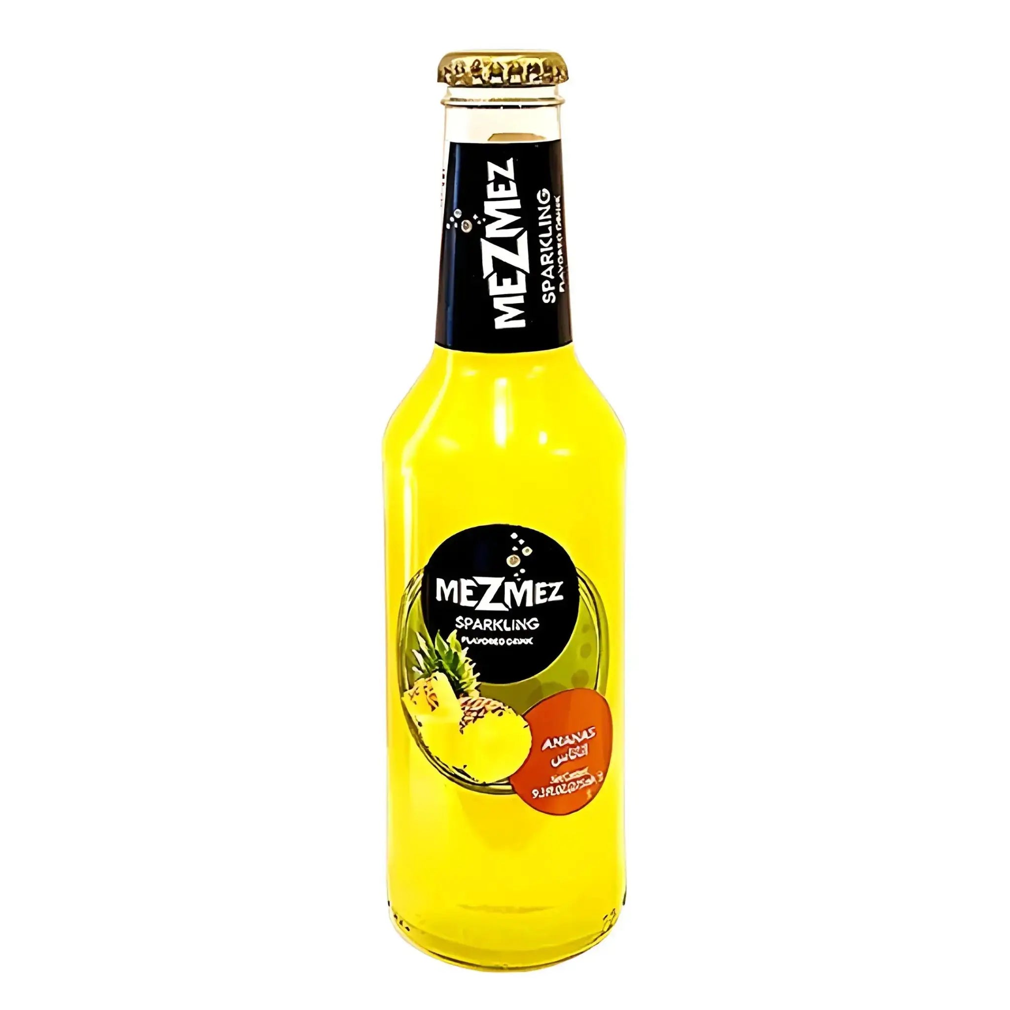 Gul glasflaska MezMez kolsyrad ananasdryck, exotisk orientalisk läsk 275 ml