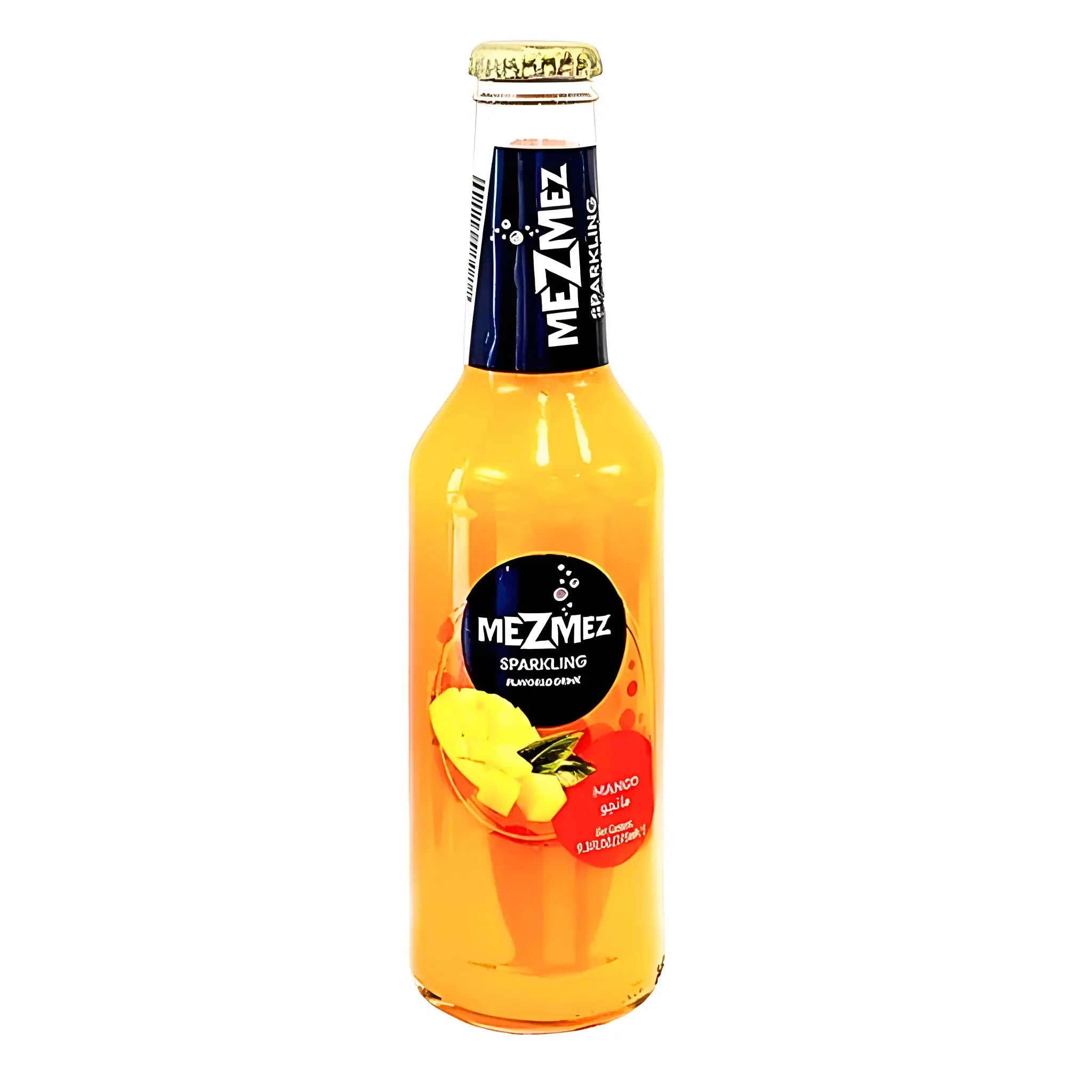 MezMez mango läskedryck i glasflaska, exotisk fruktig dryck med orange färg på vit bakgrund