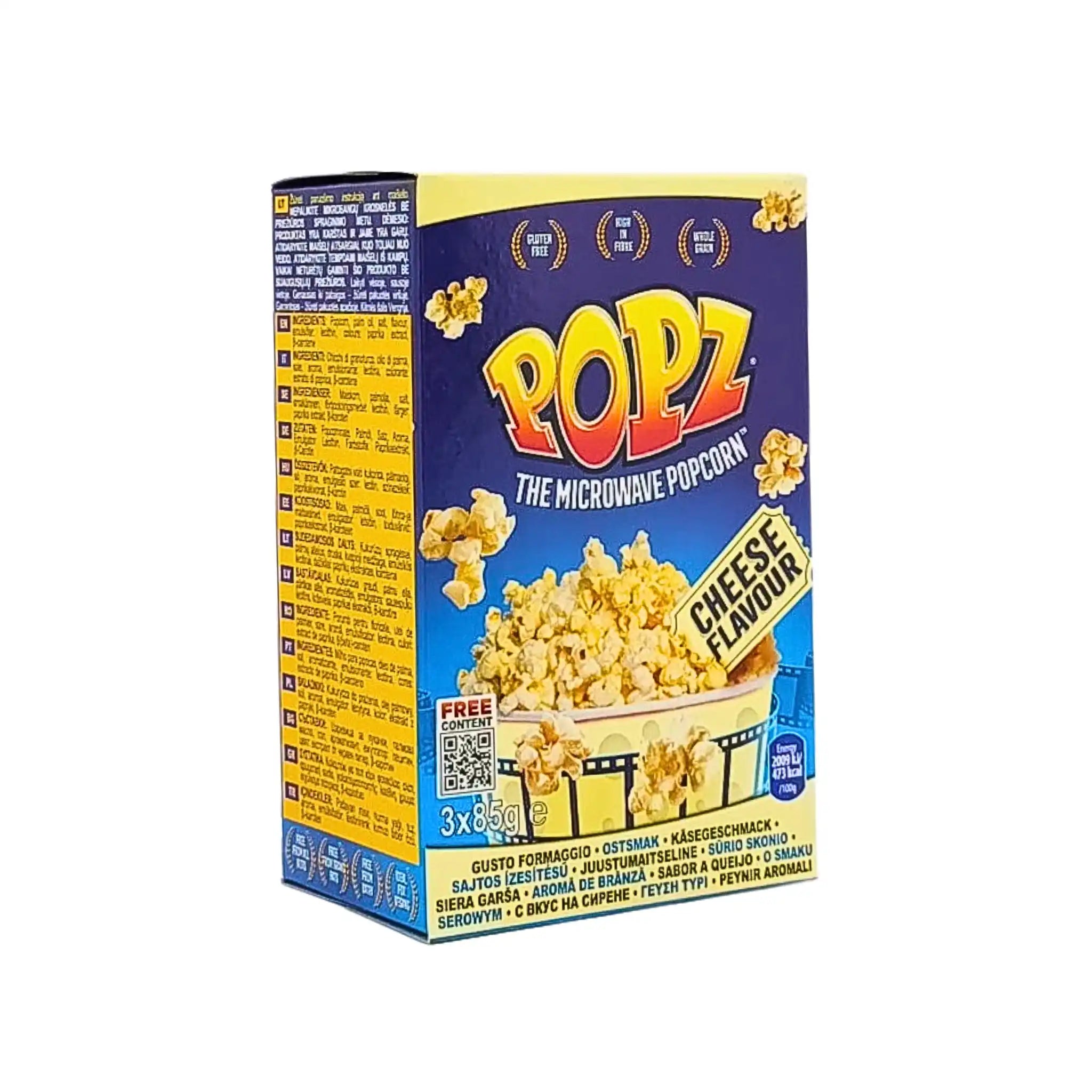 Micropopcorn med ostsmak Popz 3-pack 85g för mikrovågsugn, blå och gul förpackning