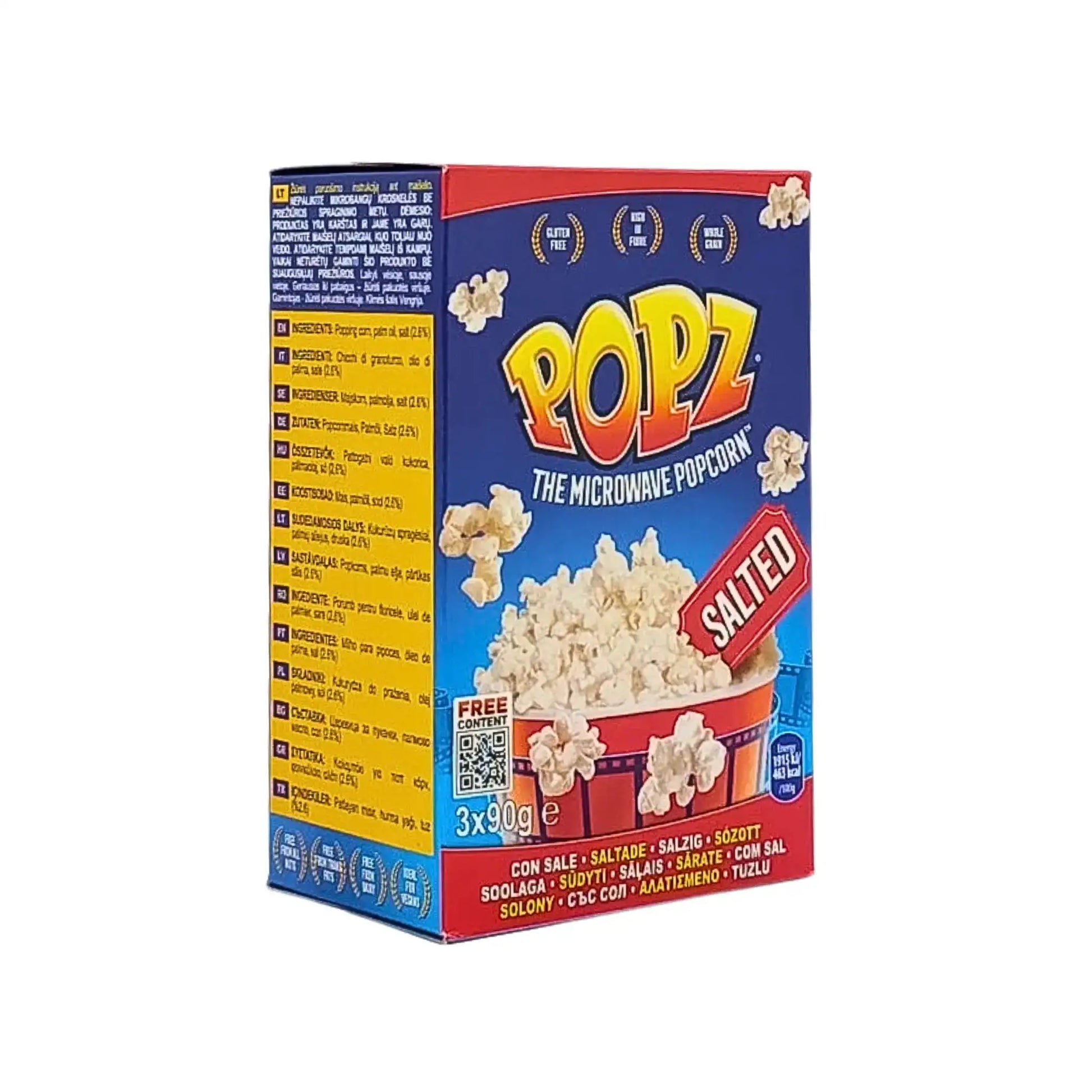 Popz saltad mikropopcorn 3x90g förpackning med färdigpopcorn på blå bakgrund