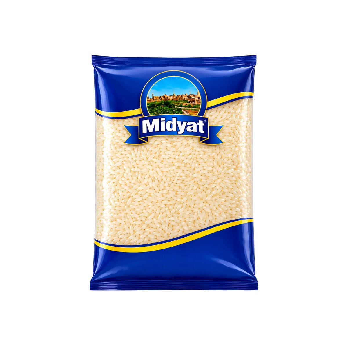 Midyat rissäck med lösa riskorn, förpackad påse