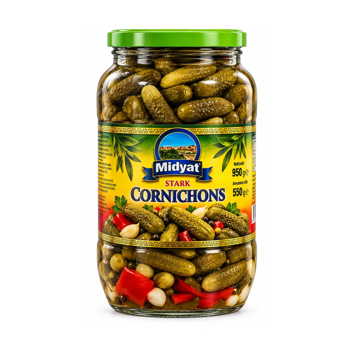Inlagda smågurkor i glasburk med grön lock, fylld med cornichons