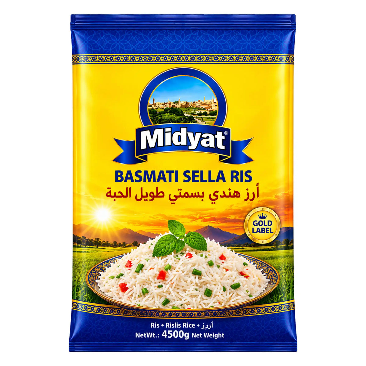 Midyat basmati sella ris i gulblå förpackning, 4,5 kg netto, extra långkornigt parboiled.