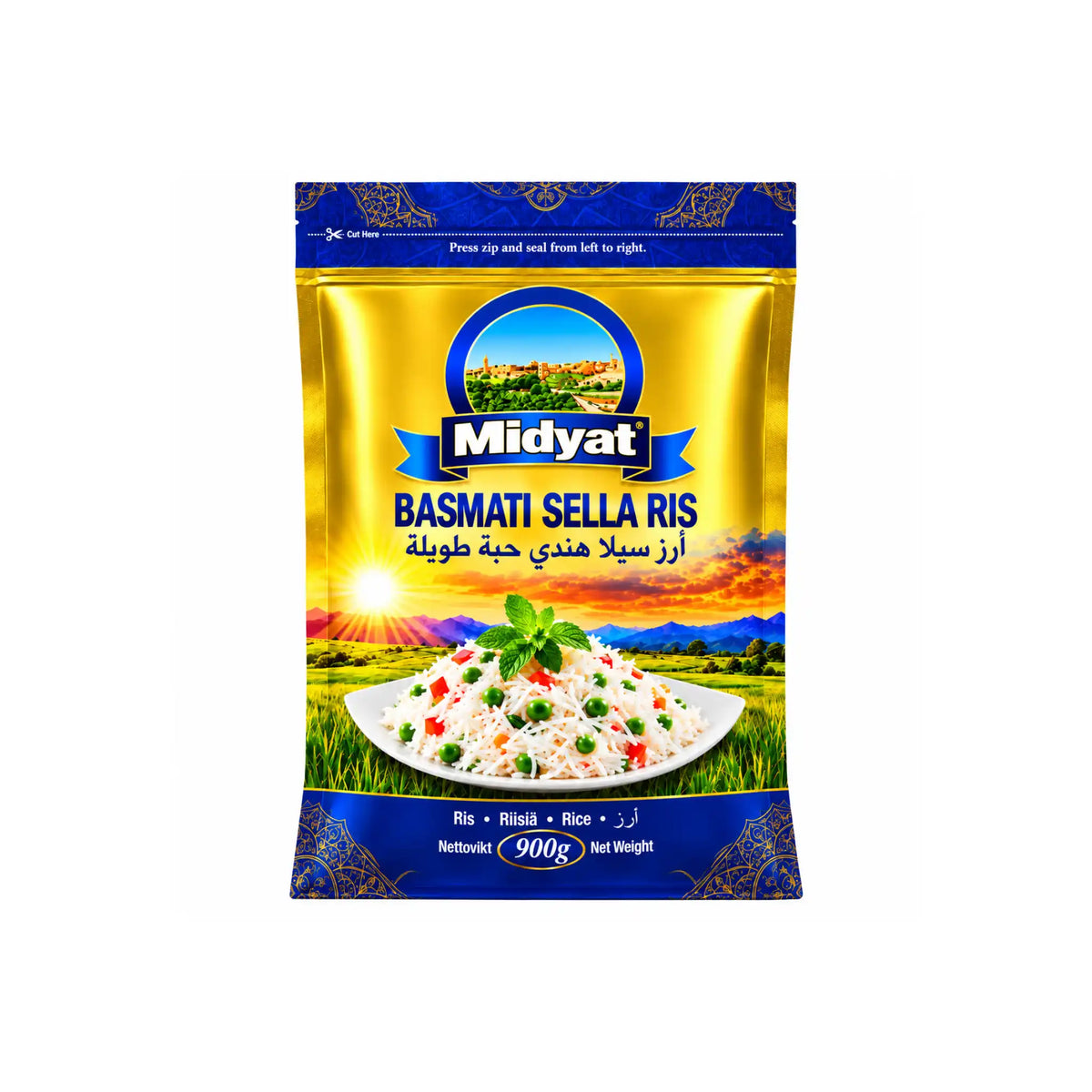 Midyat basmatiris Sella i gul och blå förpackning, 900 g.
