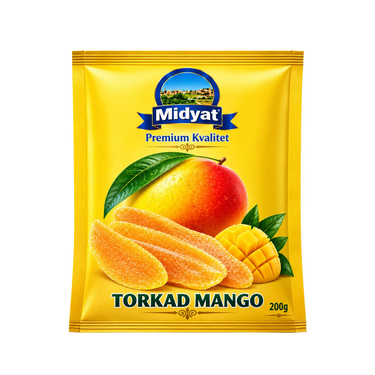 Torkade mangoskivor i gul påse med Midyat-logotyp och text TORKAD MANGO 200 g