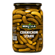 Minella cornichon stark: glasburk med krispiga inlagda gurkor, etikett framtill