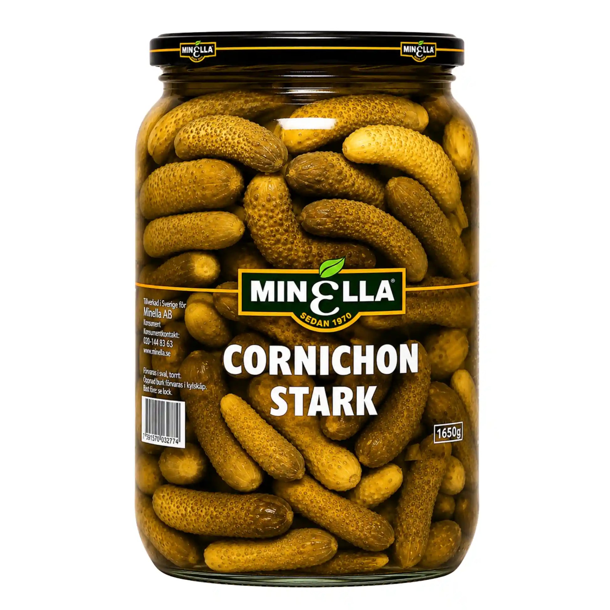 Minella cornichon stark: glasburk med krispiga inlagda gurkor, etikett framtill