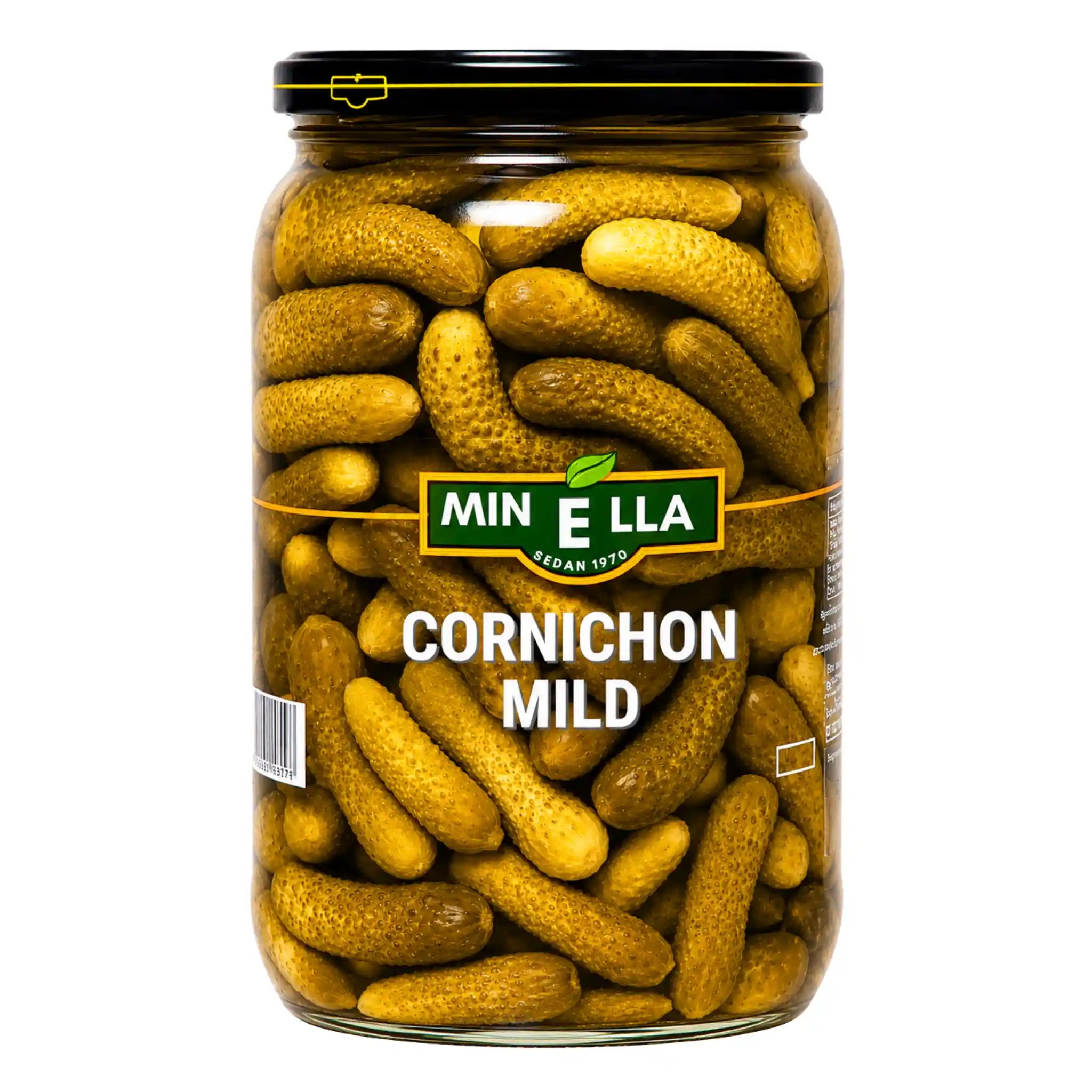 Minella cornichons i glasburk, milda delikatessgurkor
