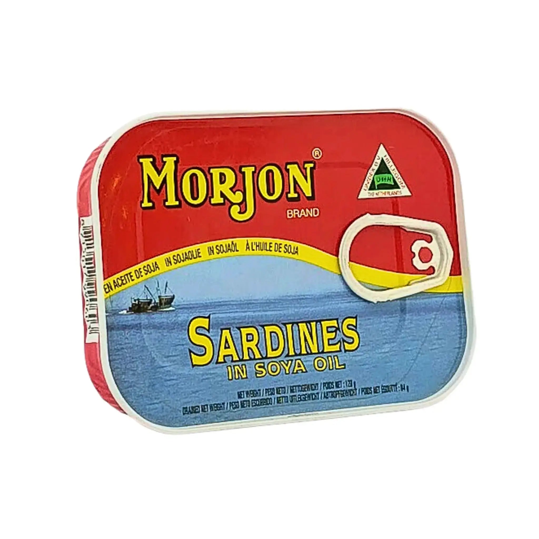 Konservburk Morjon sardiner i sojaolja, röd och blå design, 120g