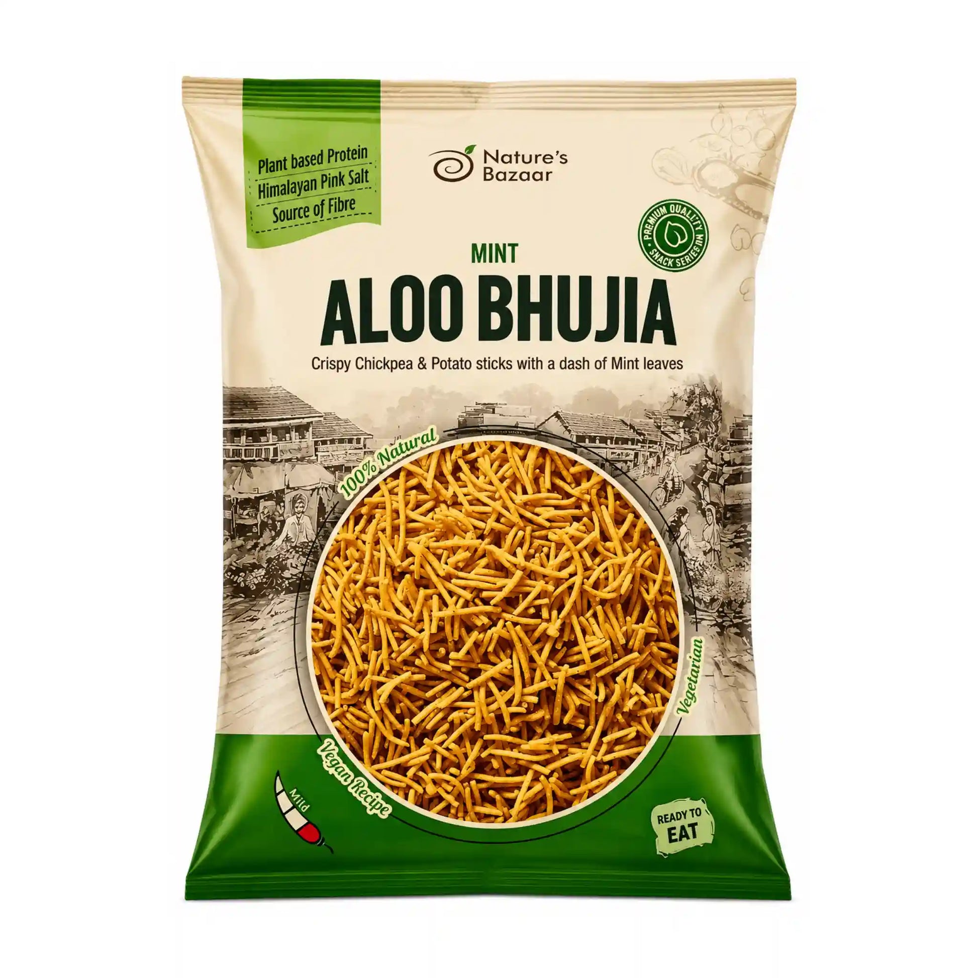 Aloo bhujia potatissnacks i påse med mynta, synliga krispiga strån