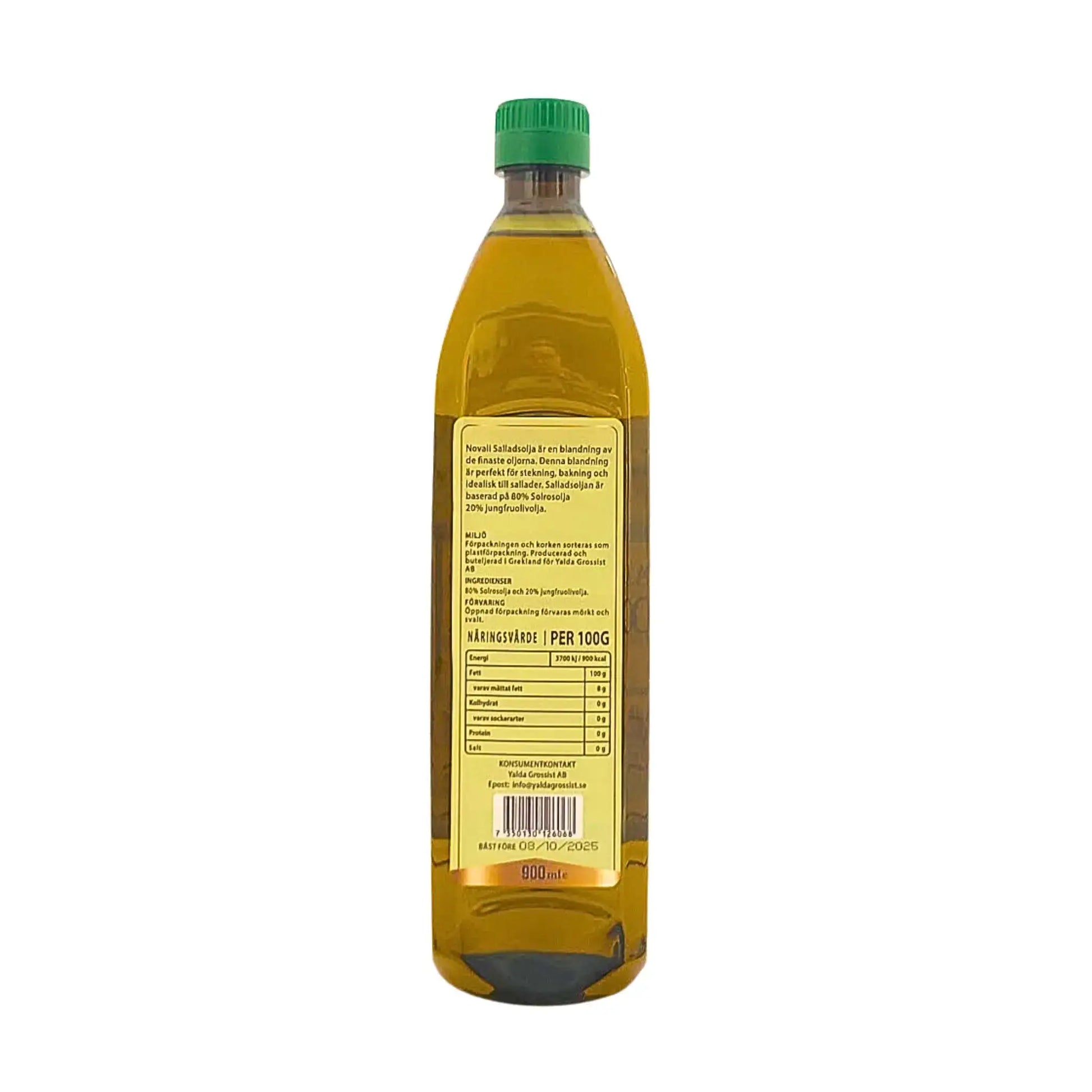 Baksida av salladsolja 900ml med näringsvärde och ingredienslista, grön plastkork