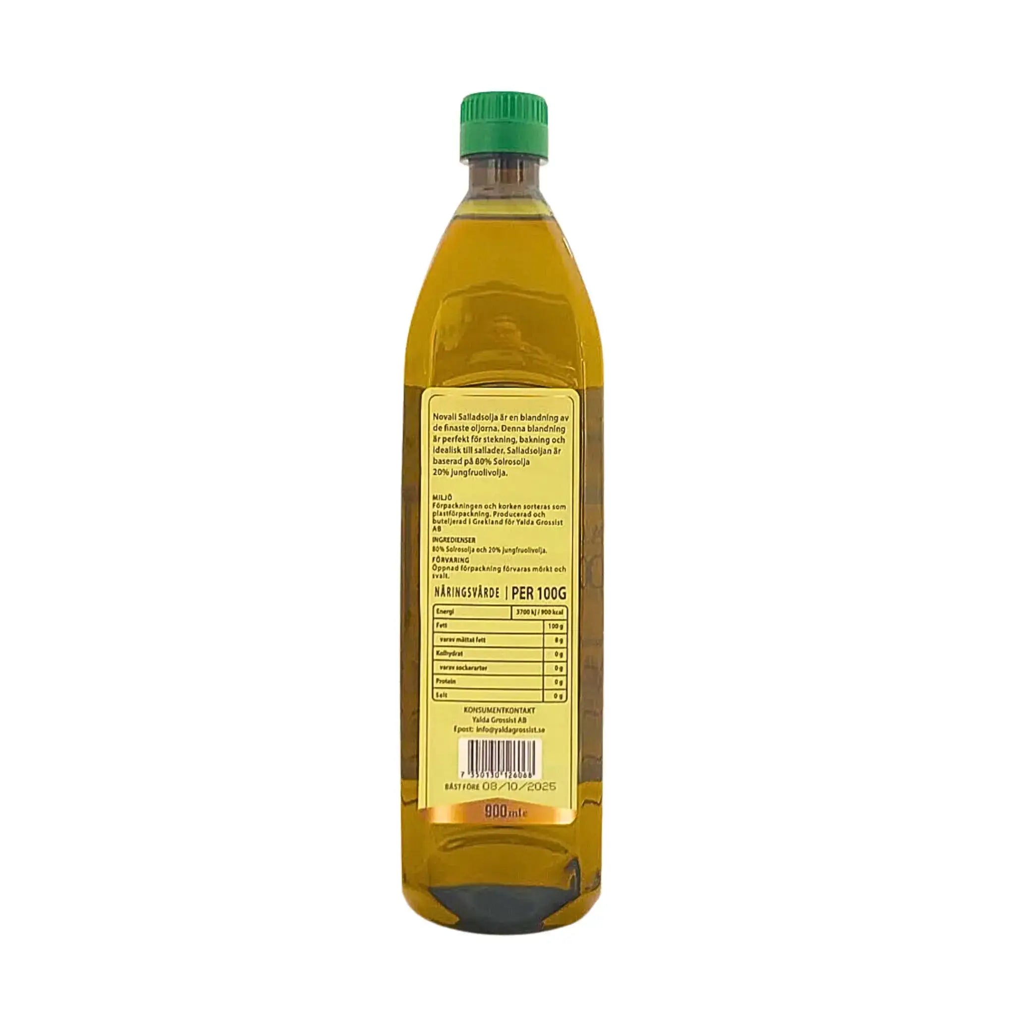 Baksida av salladsolja 900ml med näringsvärde och ingredienslista, grön plastkork