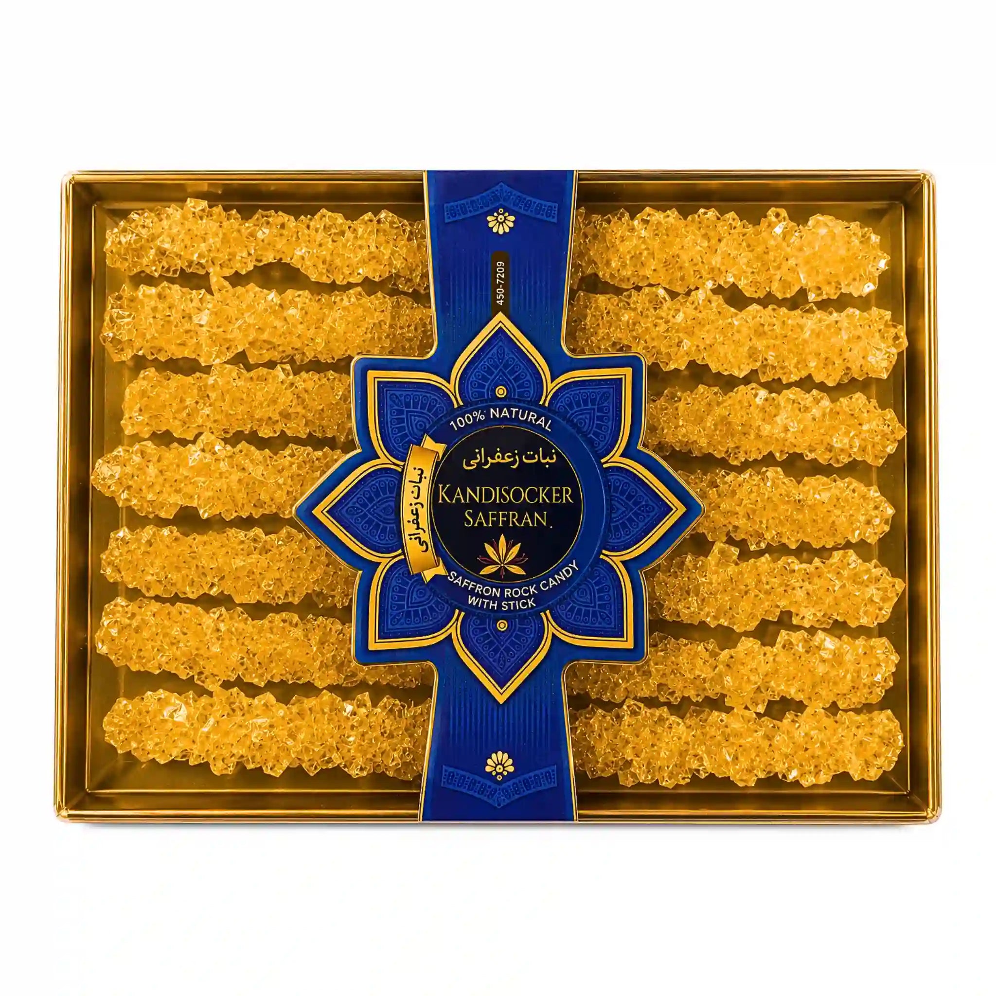Nabat Kandi saffransocker i ask med gul karamellskivor och blå etikett