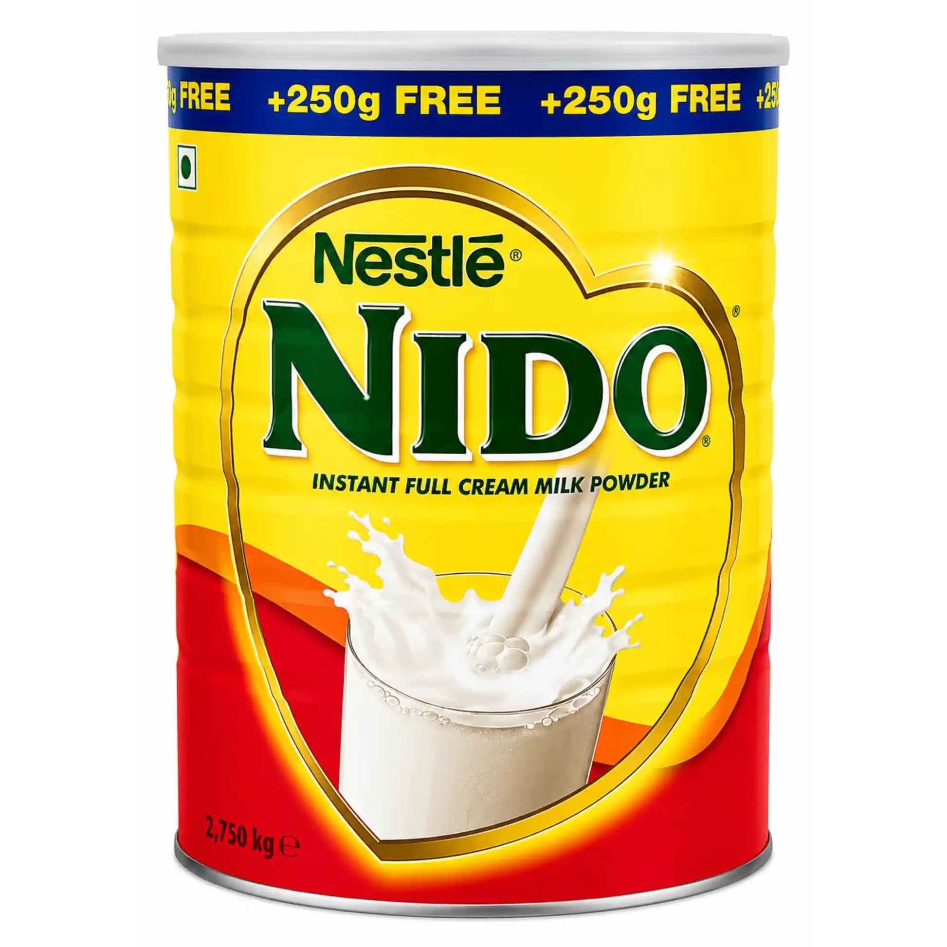 Nido mjölkpulver i gul–röd burk med Nestlé- och Nido-logotyp.