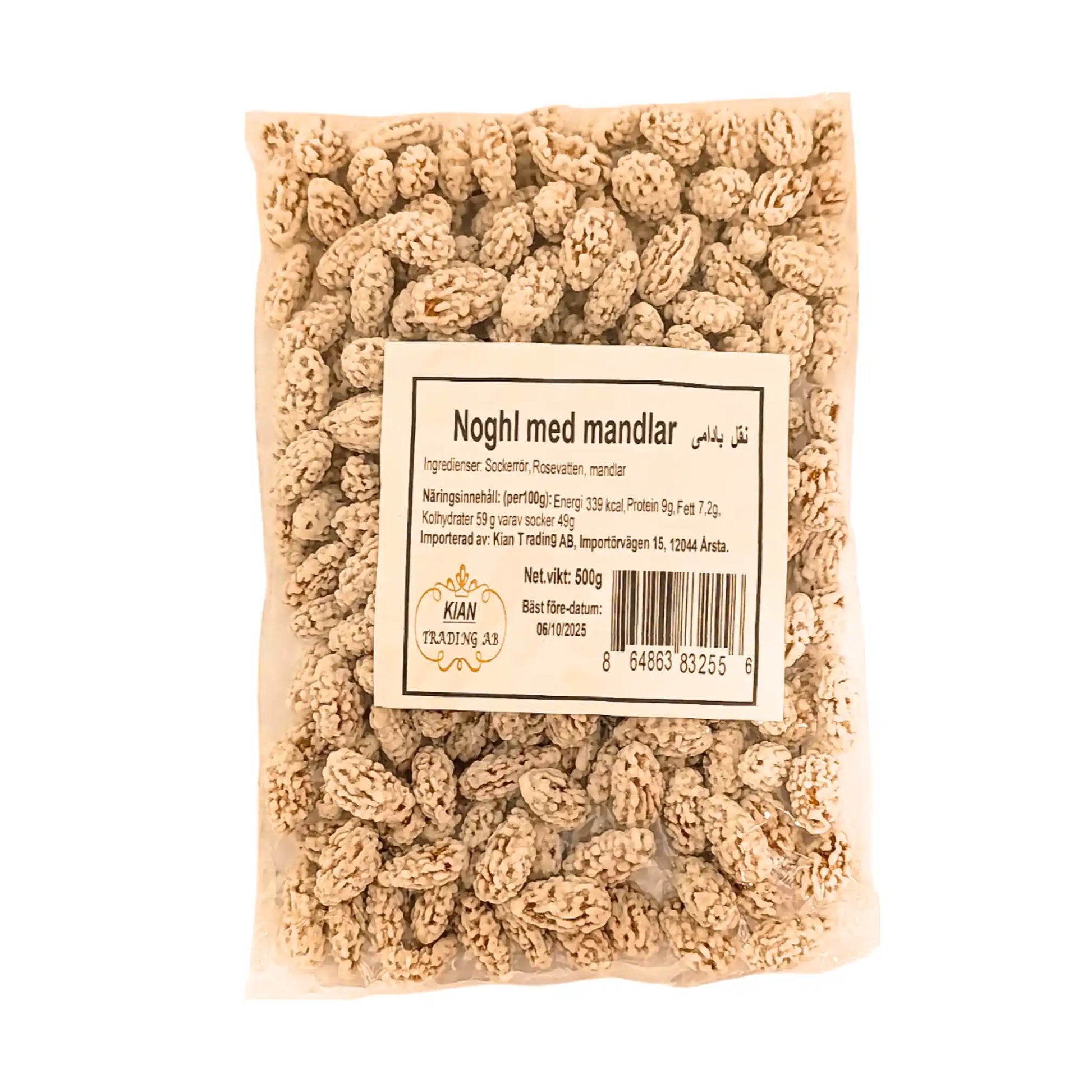 Påse med Noghl mandlar, orientaliskt godis med sockeröverdrag, 500g.